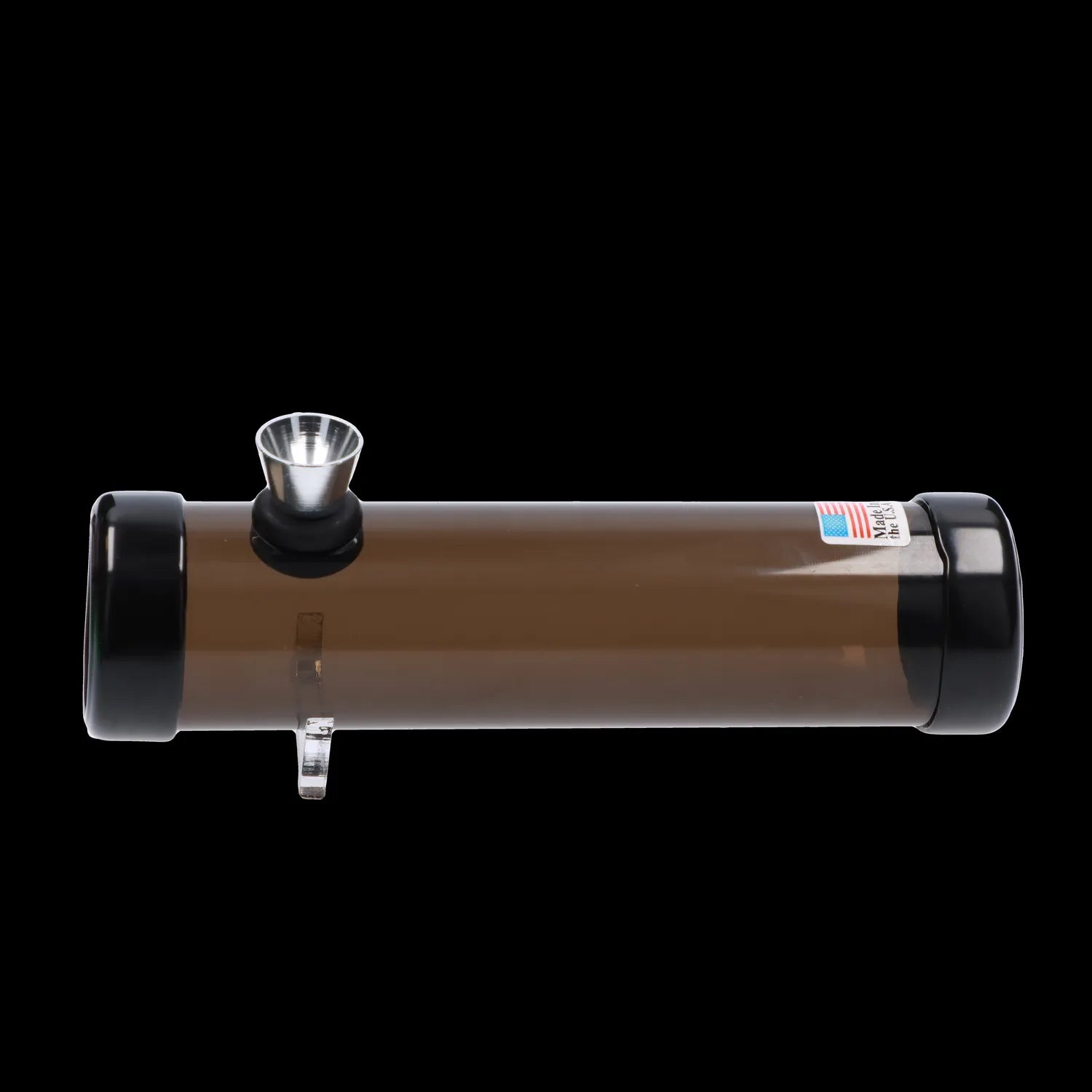 Side view of the JM Plastics Simply Smokey Acrylic Steam Roller - 6 in. lying horizontally on a black background, showing its smoke-tinted tube and metal bowl.