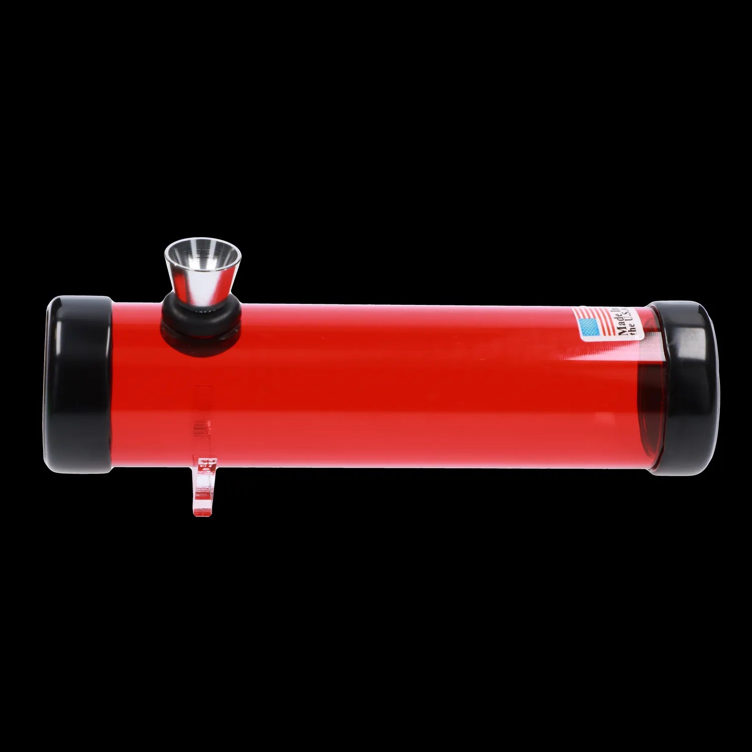 Side view of the red JM Plastics Simply Smokey Acrylic Steam Roller - 6 in. laid horizontally on a black background showing a metal bowl and black end caps.