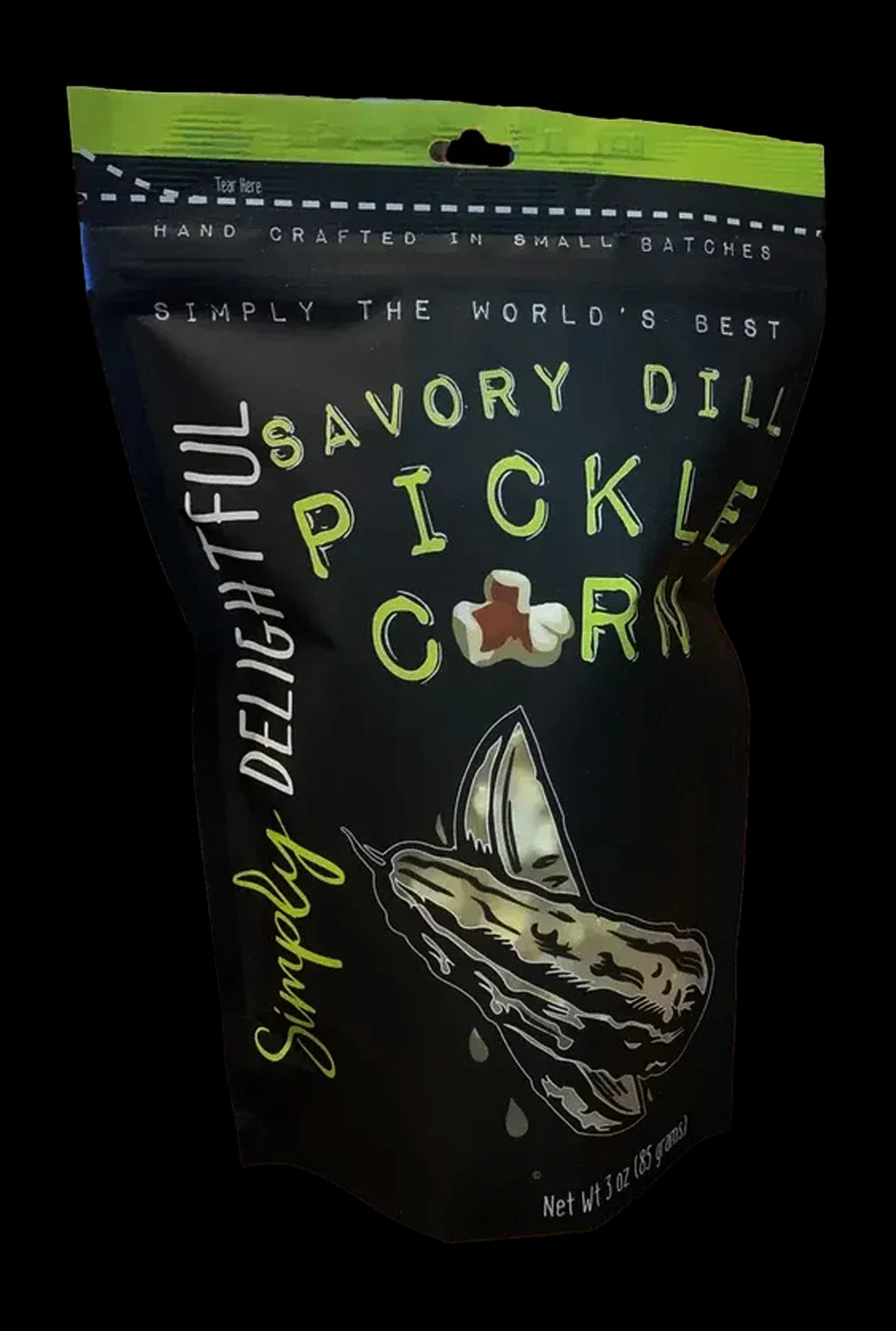 Front three-quarter view of a black pouch labeled "Simply Delightful Savory Dill Pickle Popcorn" with lime-green lettering and a sliced pickle illustration.