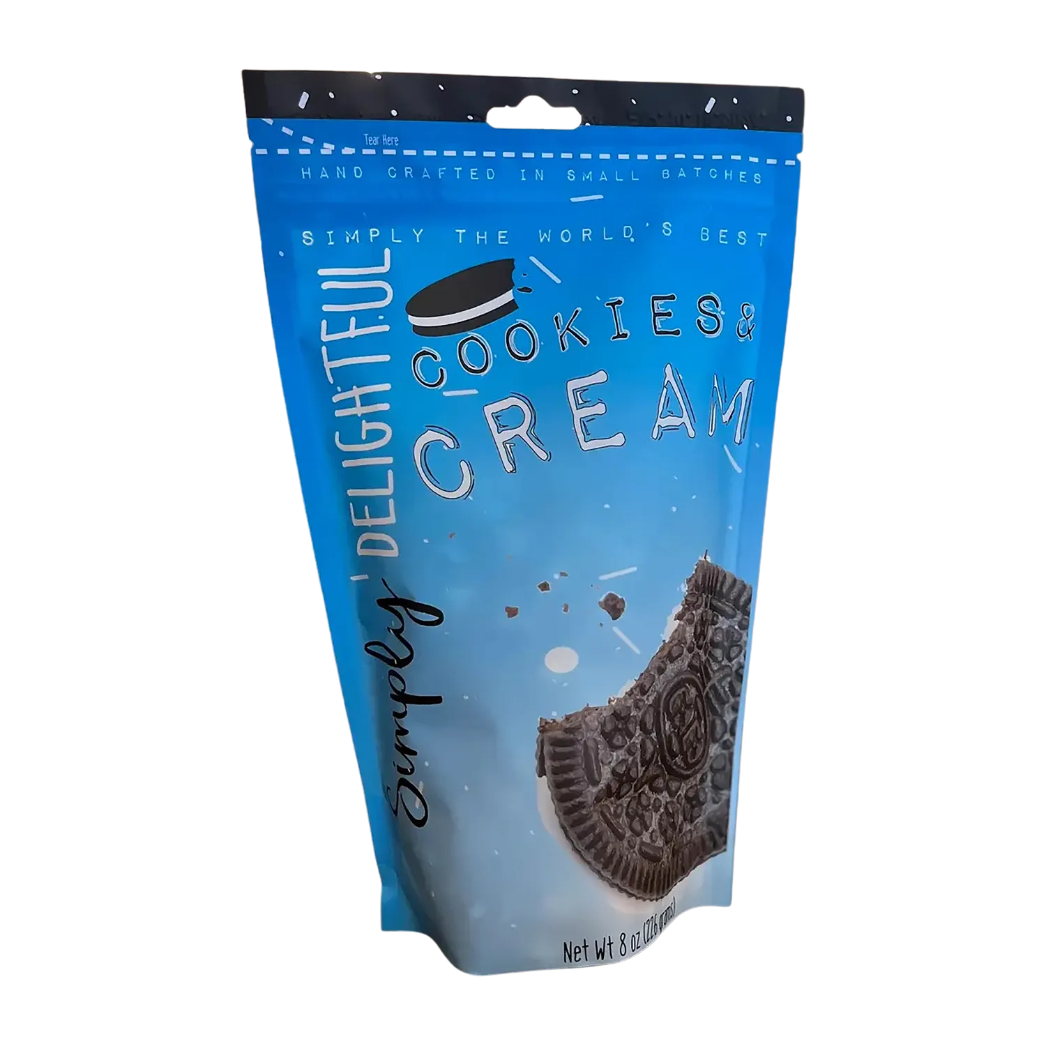 Angled front view of a blue pouch of Simply Delightful Cookies And Cream Popcorn showing large playful text, a bitten chocolate sandwich cookie graphic, and a hanging tab.