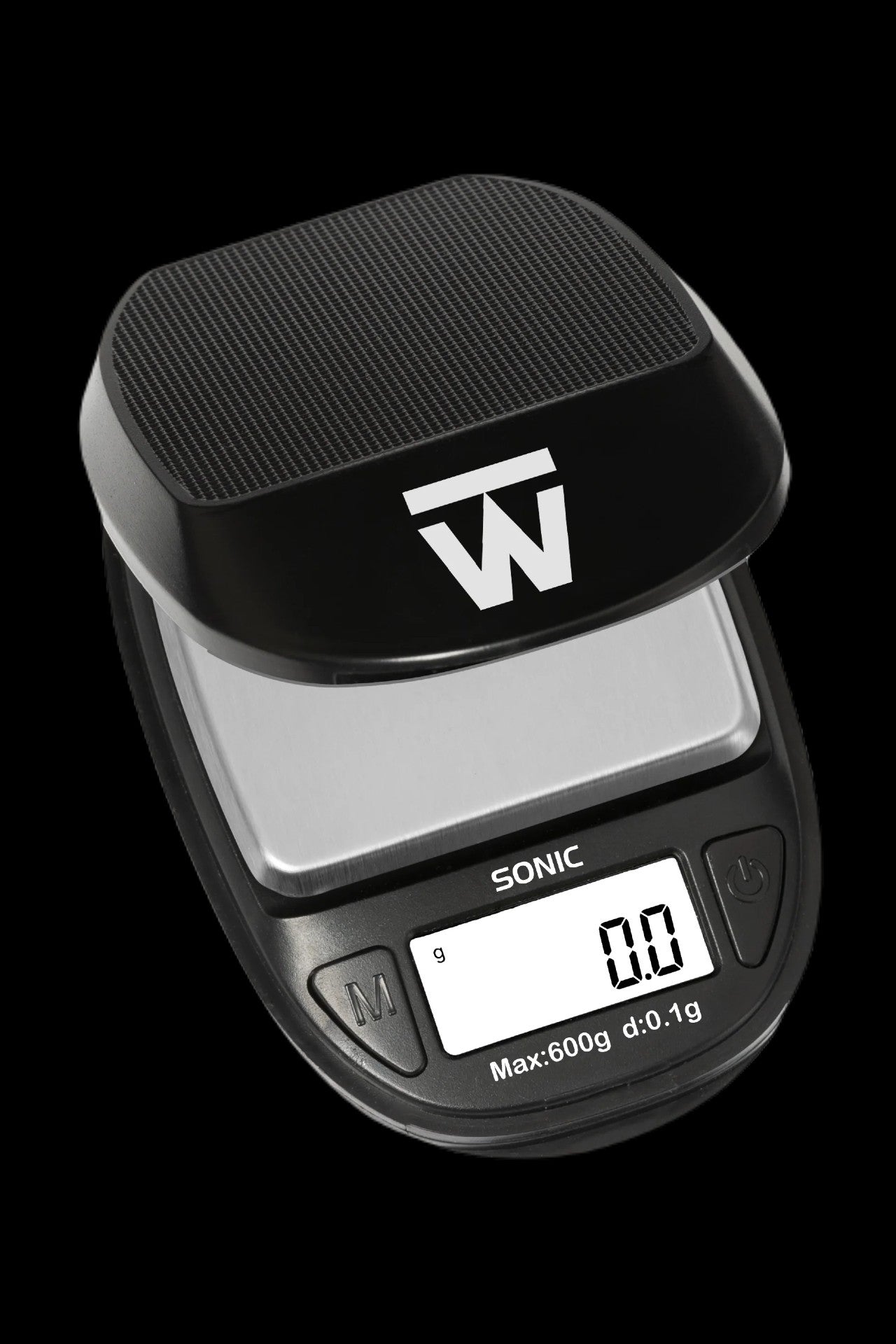 Digital scale with a carbon fiber platform, displaying 0.0 grams, used for precise cannabis measurement.