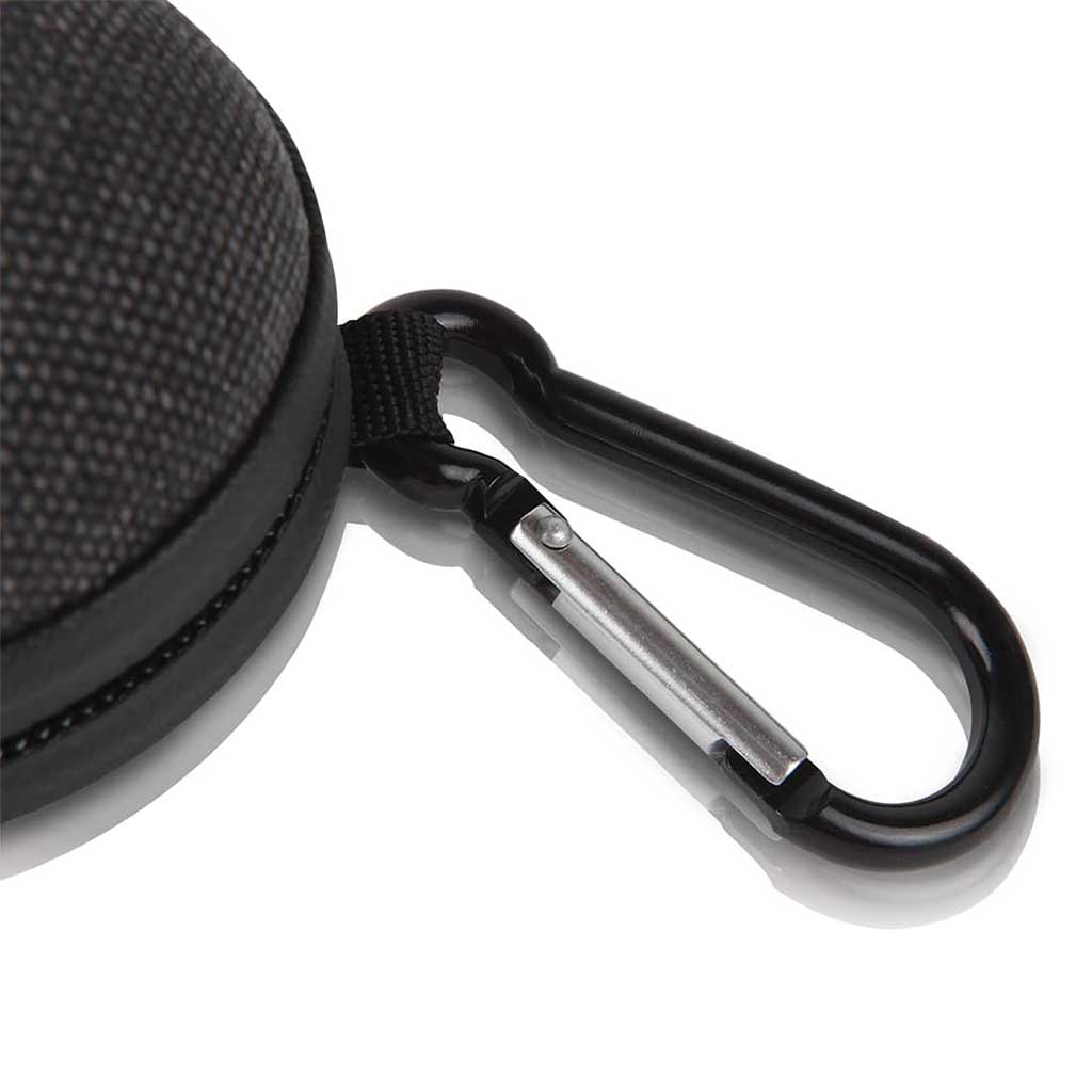 Close-up of a black carabiner clipped to the textured edge of the RYOT Hardcase against a white background