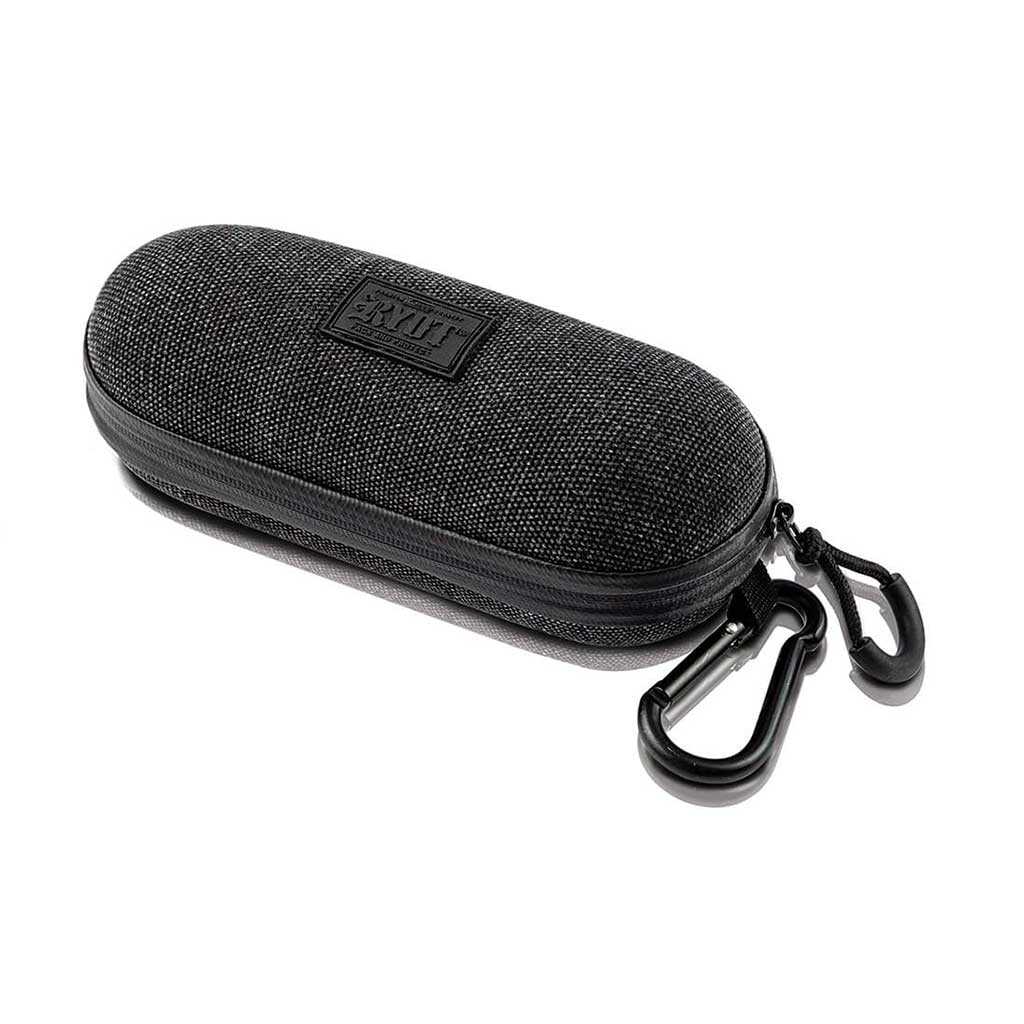 Angled top-down view of a black RYOT Hardcase with textured fabric finish, visible zipper and two attached black carabiner clips.