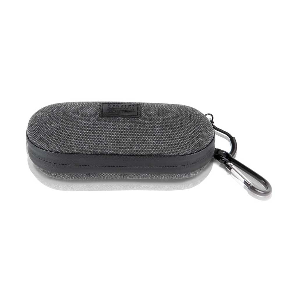 Front-facing view of a gray fabric RYOT Hardcase with rounded edges and attached black carabiner on a white background