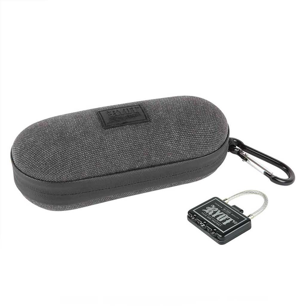 Angled view of a gray fabric RYOT Hardcase with a zipper and carabiner clip, shown alongside a small black combination cable lock.