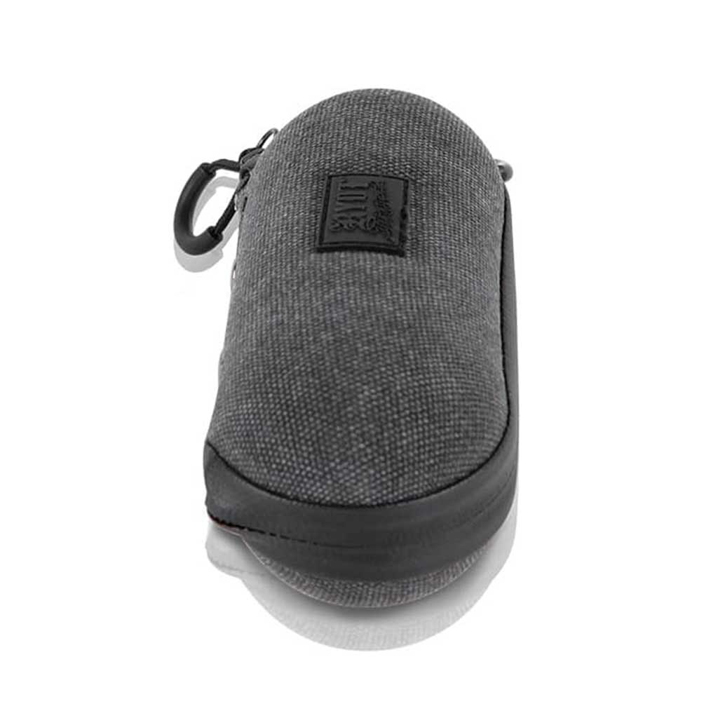 Front-angle view of a gray fabric RYOT Hardcase with rounded top, visible zipper and carabiner clip against a white background
