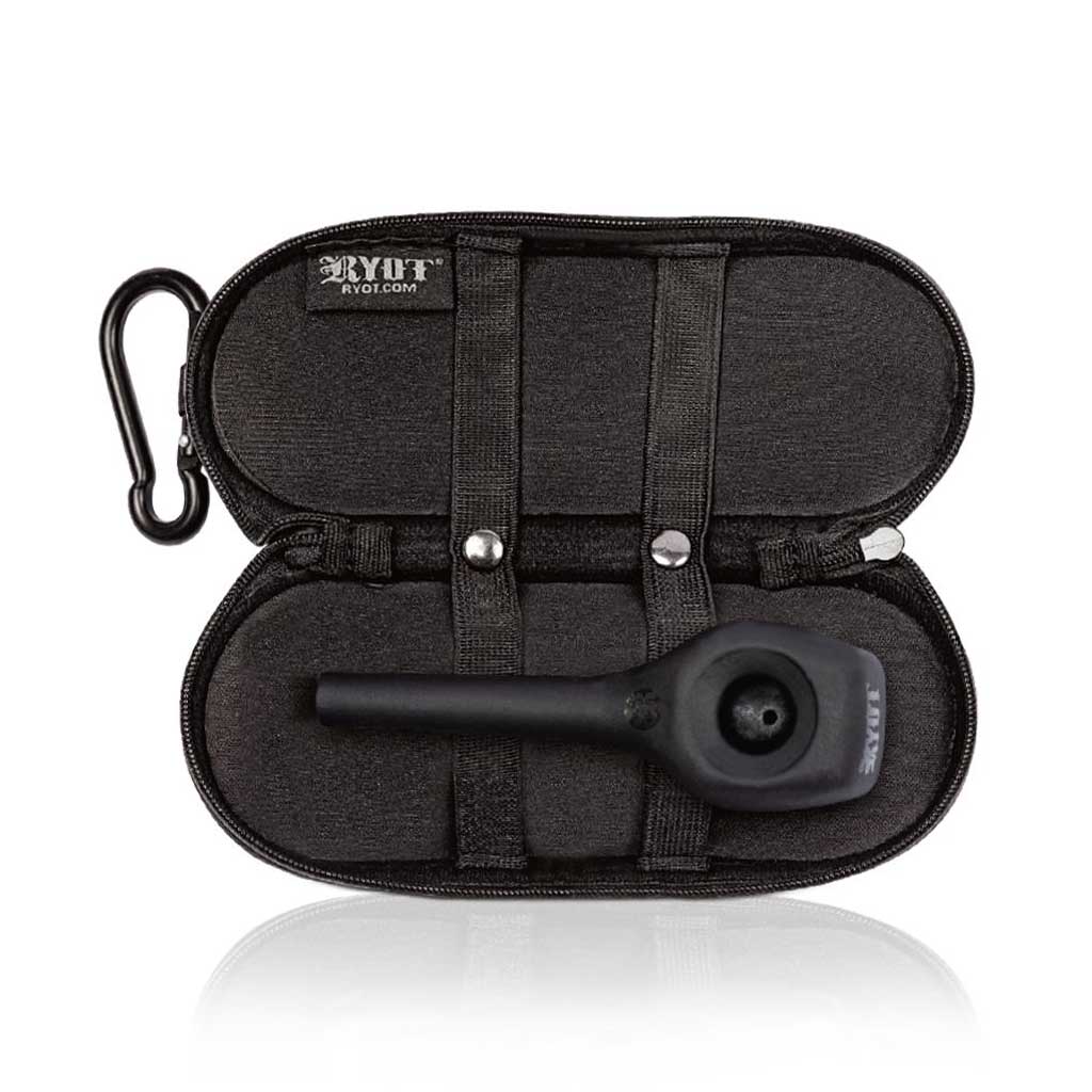 Top-down view of a black RYOT Hardcase opened to reveal its padded interior and a matte black pipe secured by elastic straps.