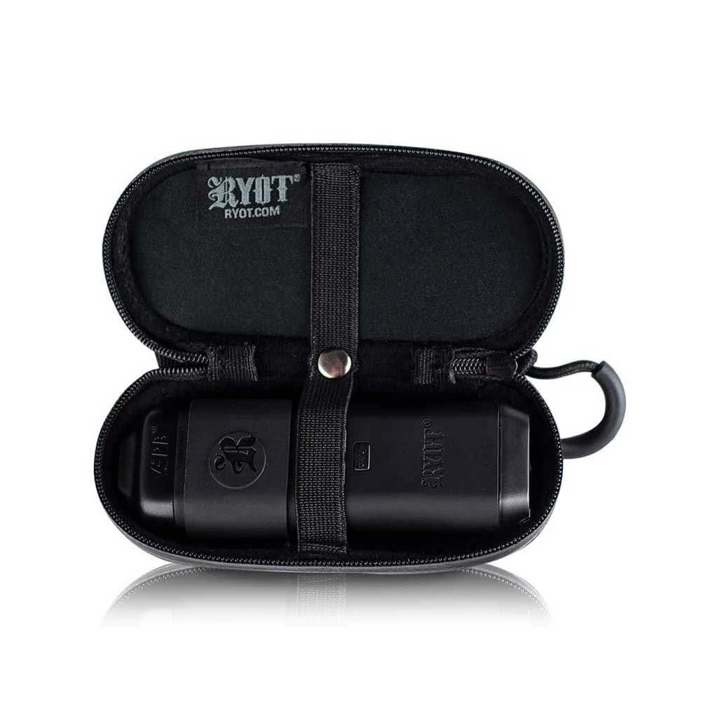 Top-down view of an open black RYOT Hardcase with its snap strap securing a matte black cylindrical accessory inside.