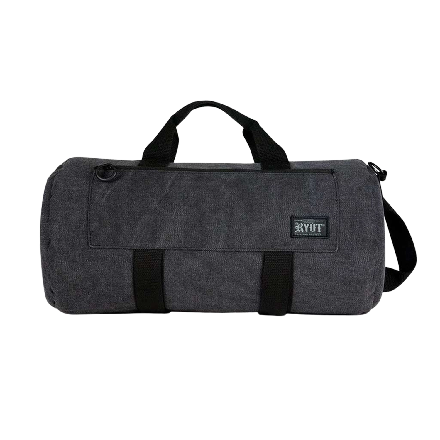 Front-facing shot of a black RYOT Pro-Duffle Carbon Series Smell-Proof Bag showing its short carry handles, detachable shoulder strap, and stitched front pocket with a small RYOT patch.