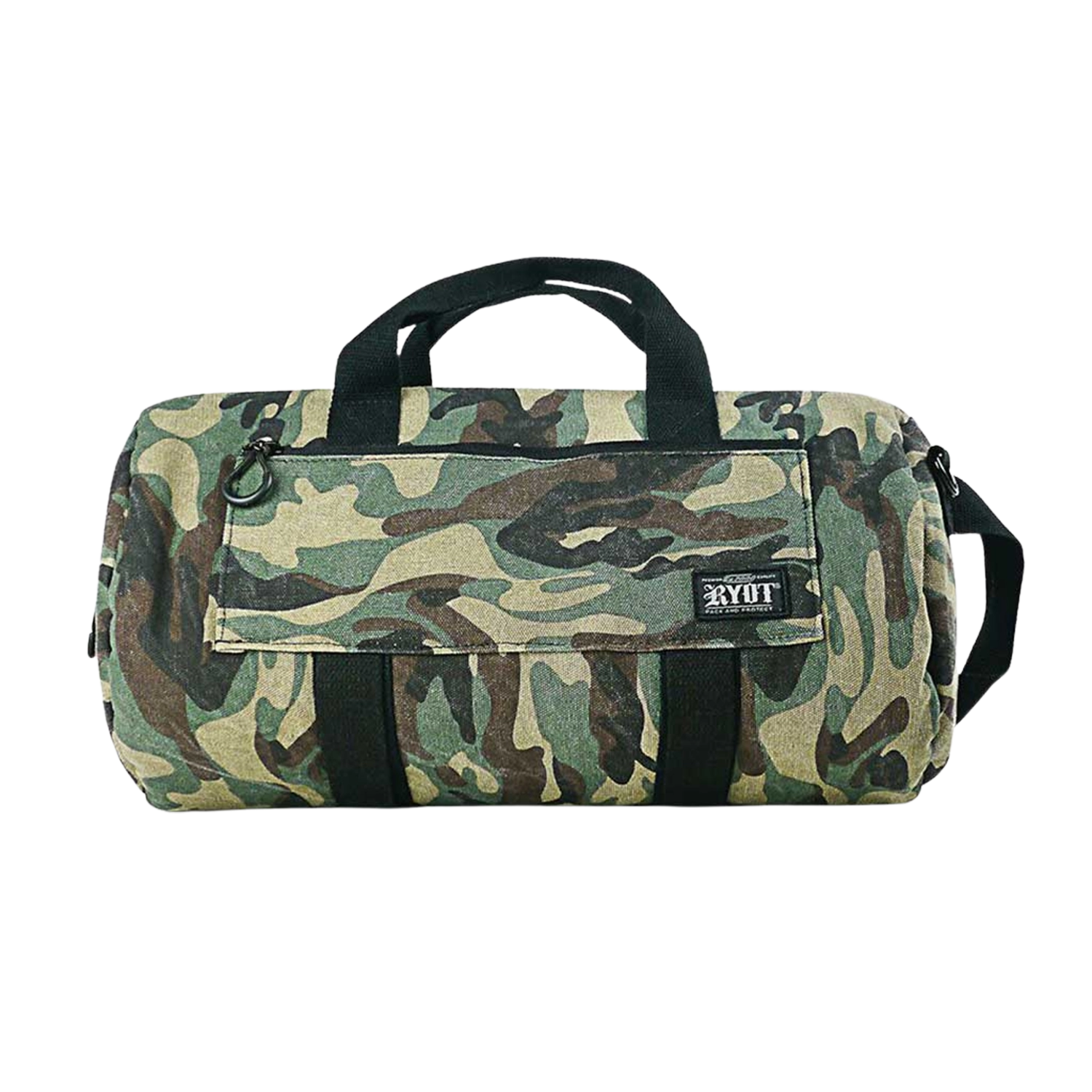 Front-facing camo duffle with black handles and a small logo patch, the RYOT Pro-Duffle Carbon Series Smell-Proof Bag.