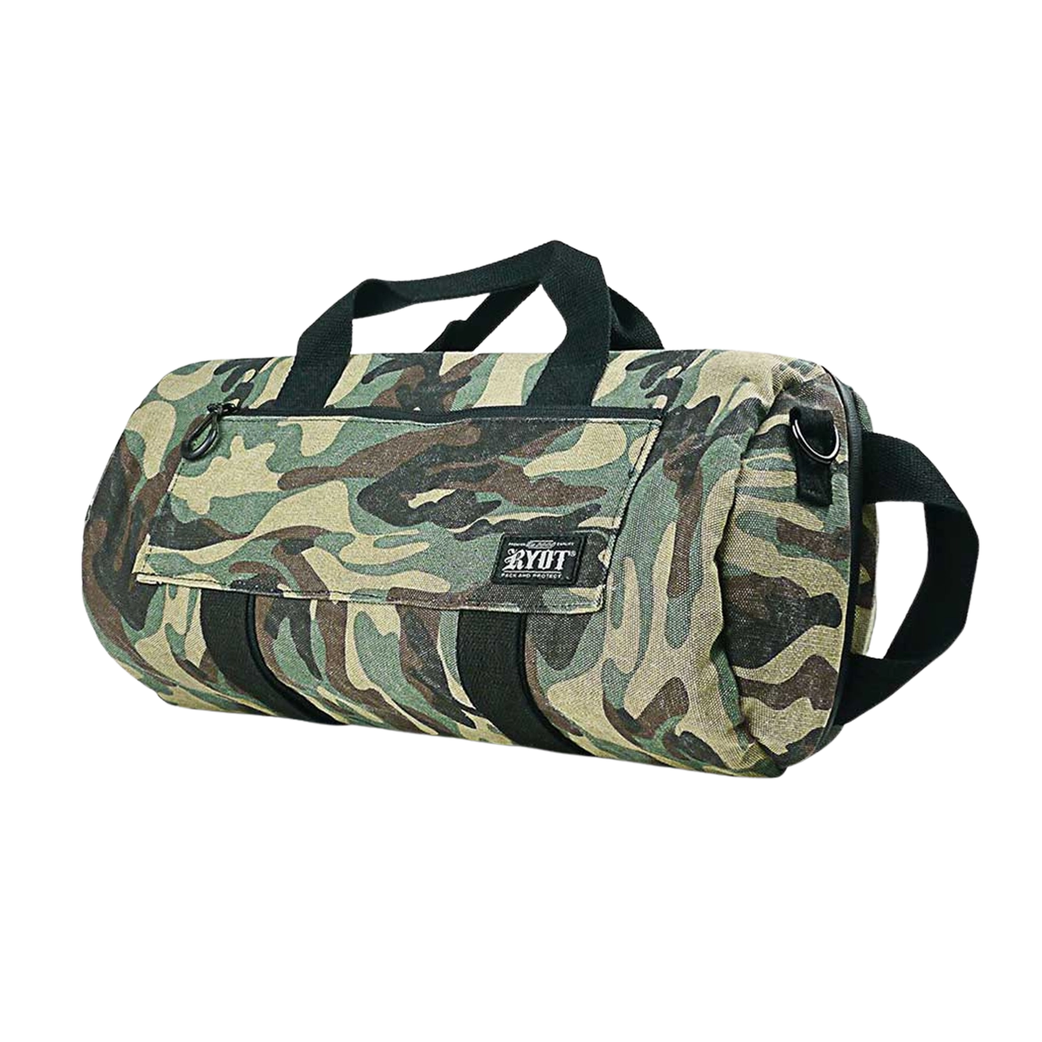Angled front view of a camo RYOT Pro-Duffle Carbon Series Smell-Proof Bag showing black handles, front flap pocket, and side carry strap.