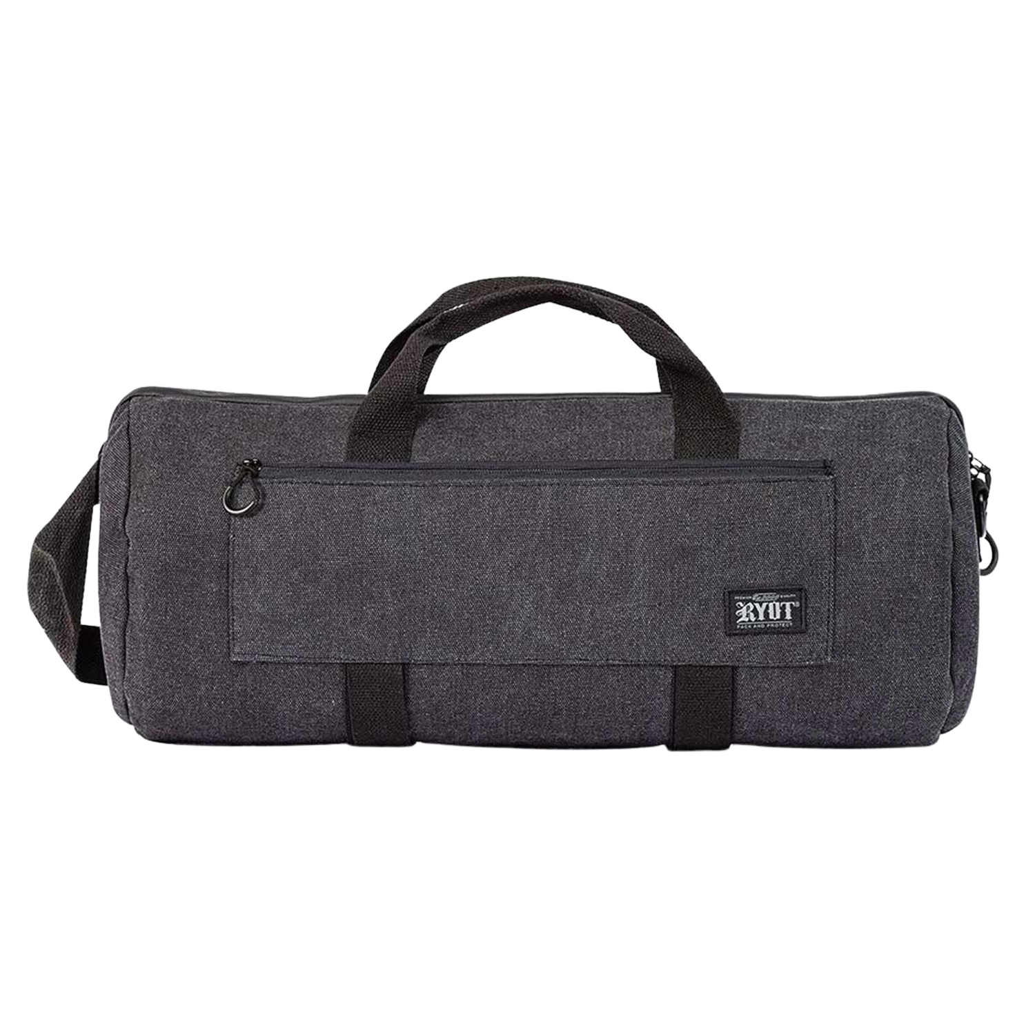 Front-facing shot of a charcoal fabric RYOT Pro-Duffle Carbon Series Smell-Proof Bag with top handles, front zip pocket, and logo patch.