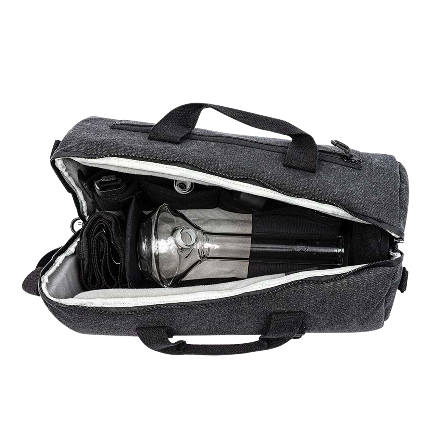 Top-down view of the open RYOT Pro-Duffle Carbon Series Smell-Proof Bag showing a gray fabric exterior, white inner lining, handles, and a glass piece secured inside.