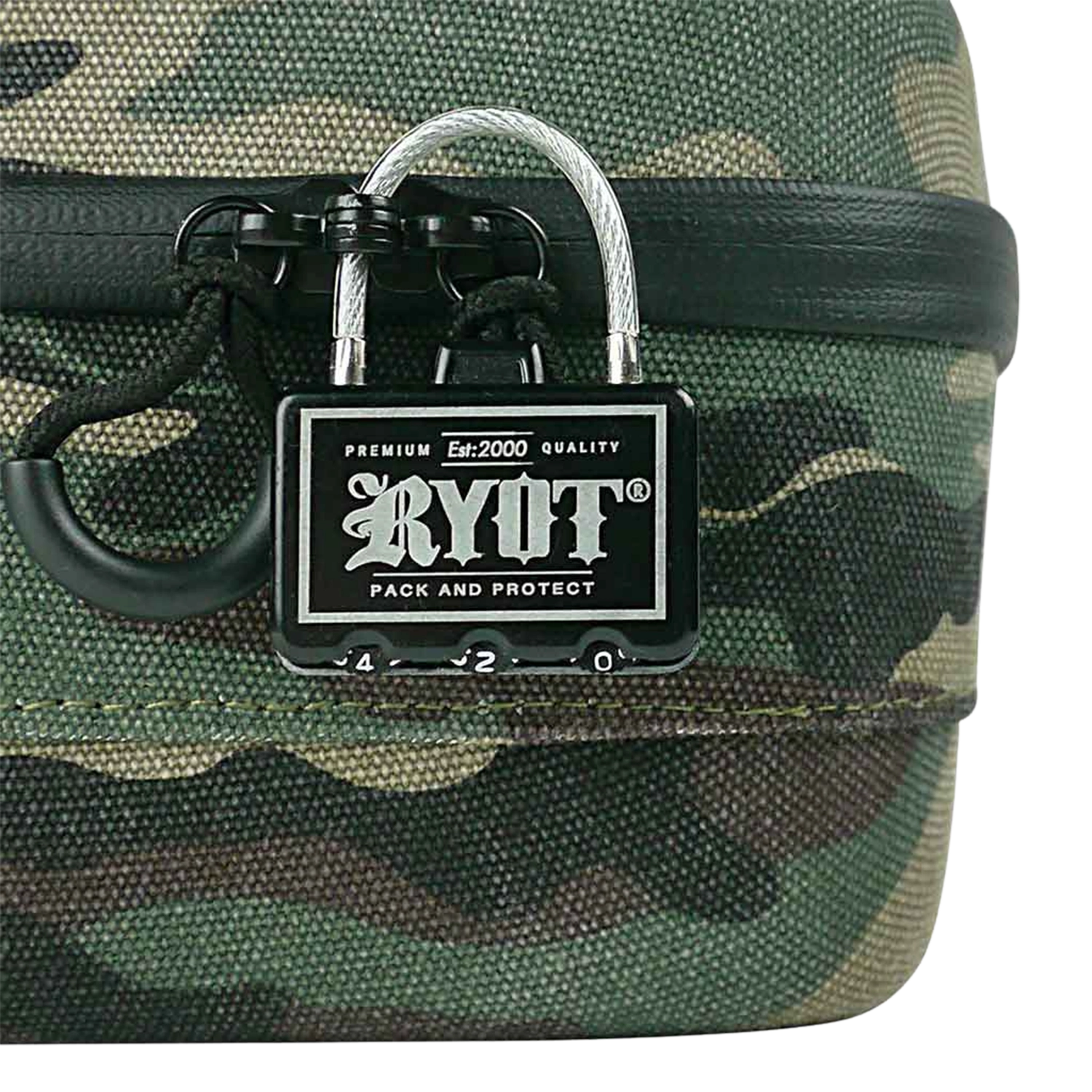 Close-up of a metal combination lock attached to a camouflage fabric RYOT Safe Case, shot straight-on to show the logo and zipper loop.