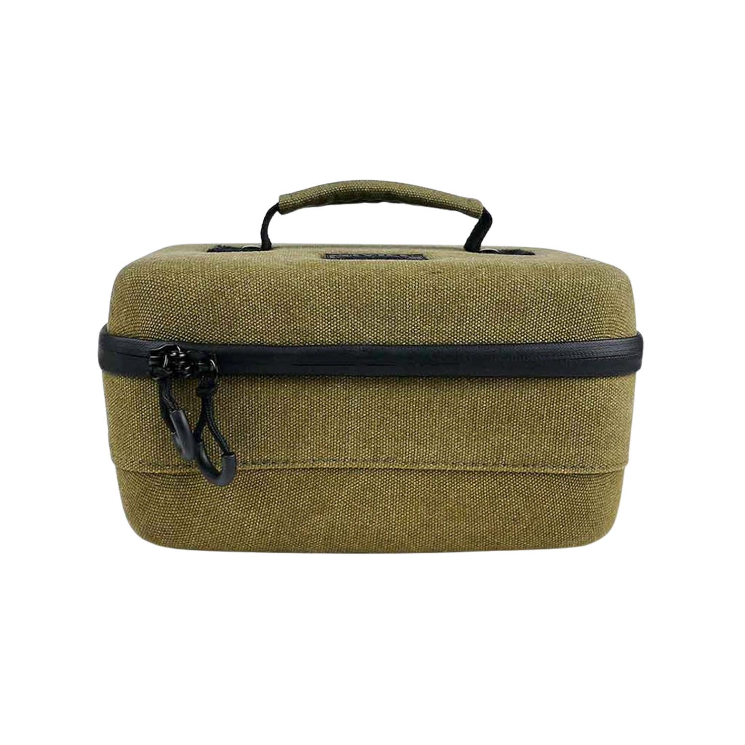 Front-facing view of an olive fabric RYOT Safe Case with a top handle and black zipper pulls against a white background