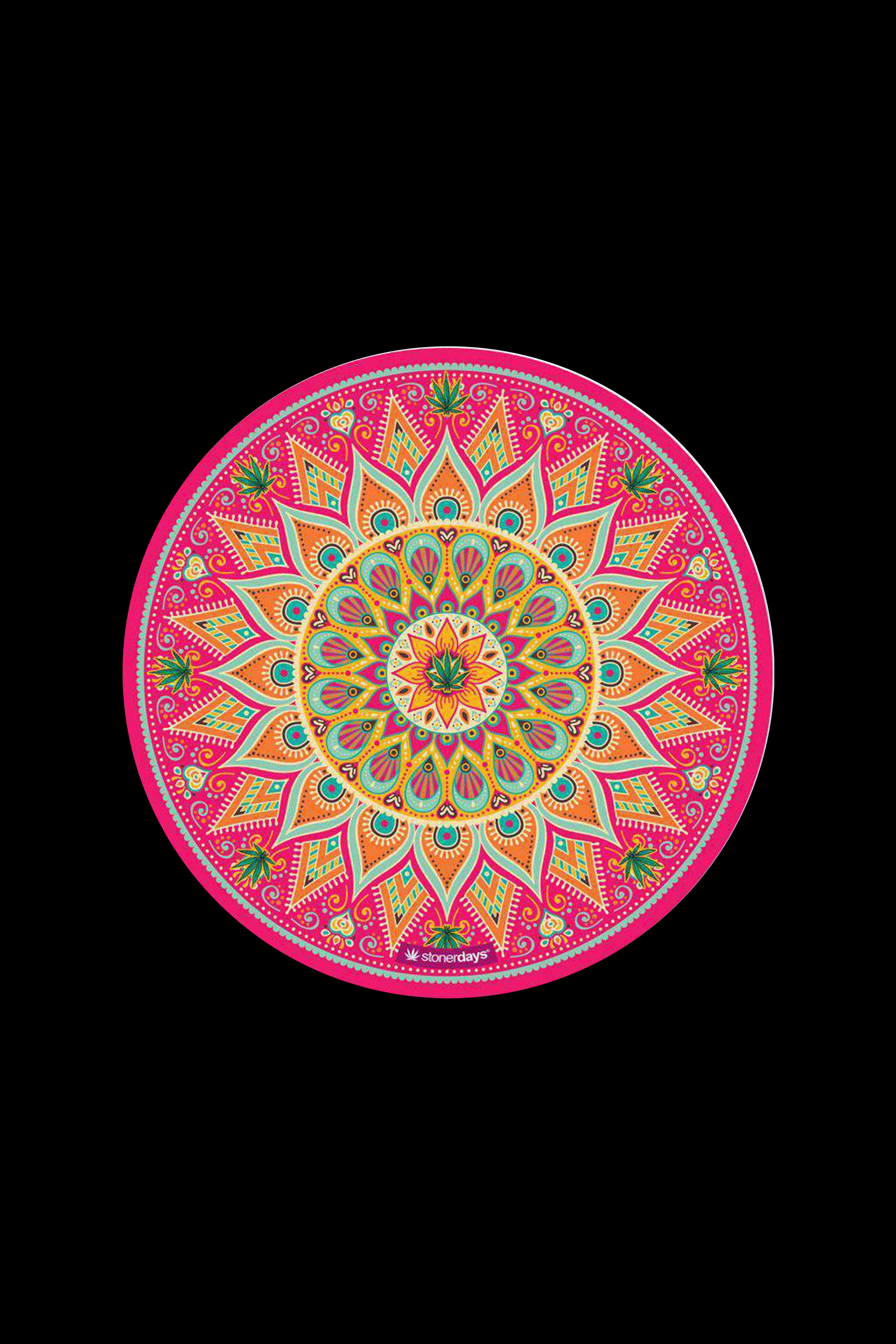 Close-up of a vibrant pink and orange mandala mat photographed from above, showing the lower half of the StonerDays Mandala Dab Mat Combo - 4 Pack against a black background