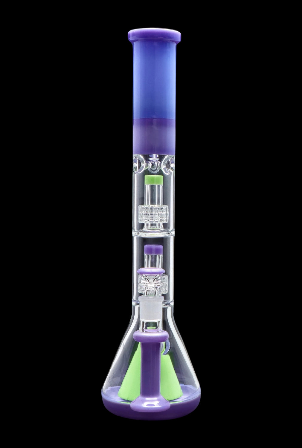 A colorful glass bong with a flared base and intricate percolators, set against a black background.