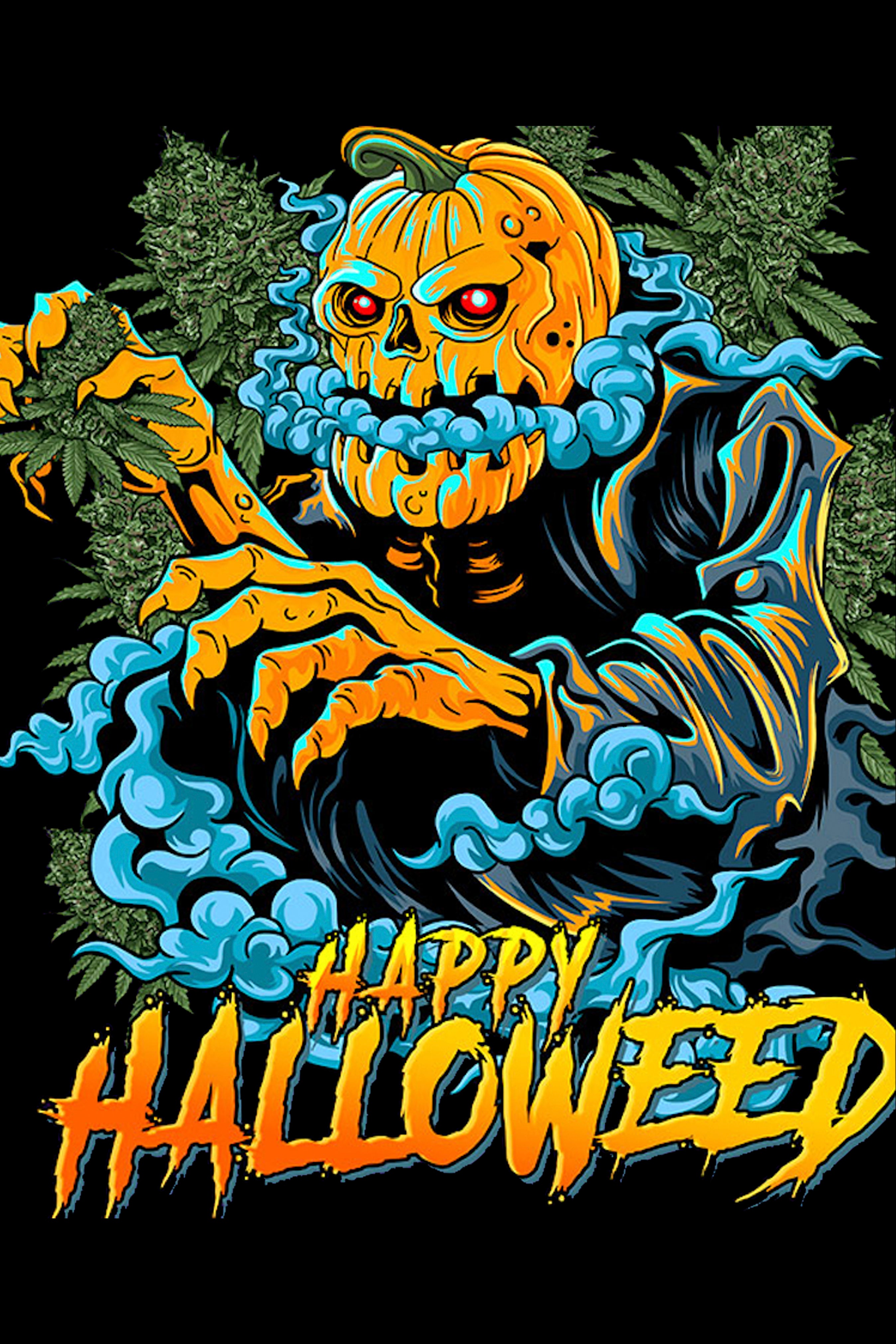 A vibrant, stylized illustration of a skeleton with a jack-o'-lantern head smoking a joint, surrounded by cannabis leaves and smoke, with the text "Happy Halloweed" below.