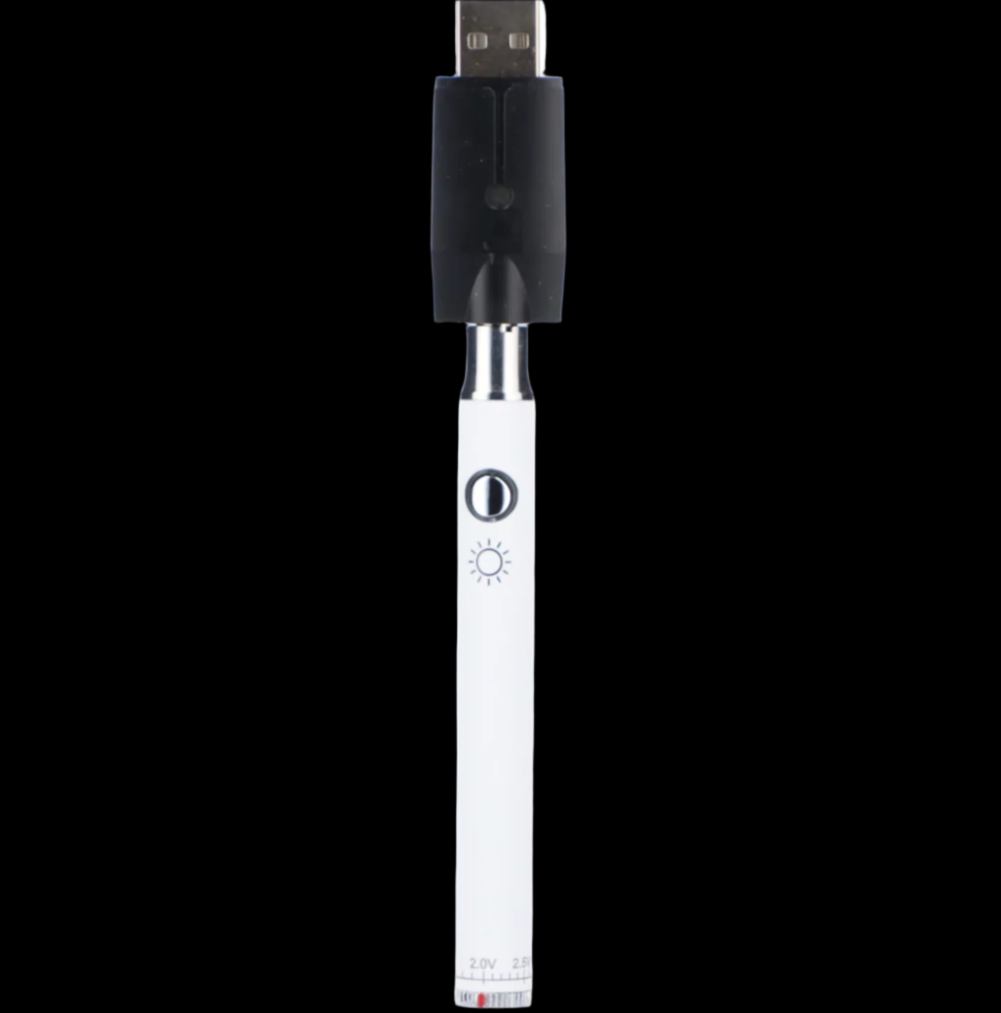 White 510 vape pen battery with USB charging port.