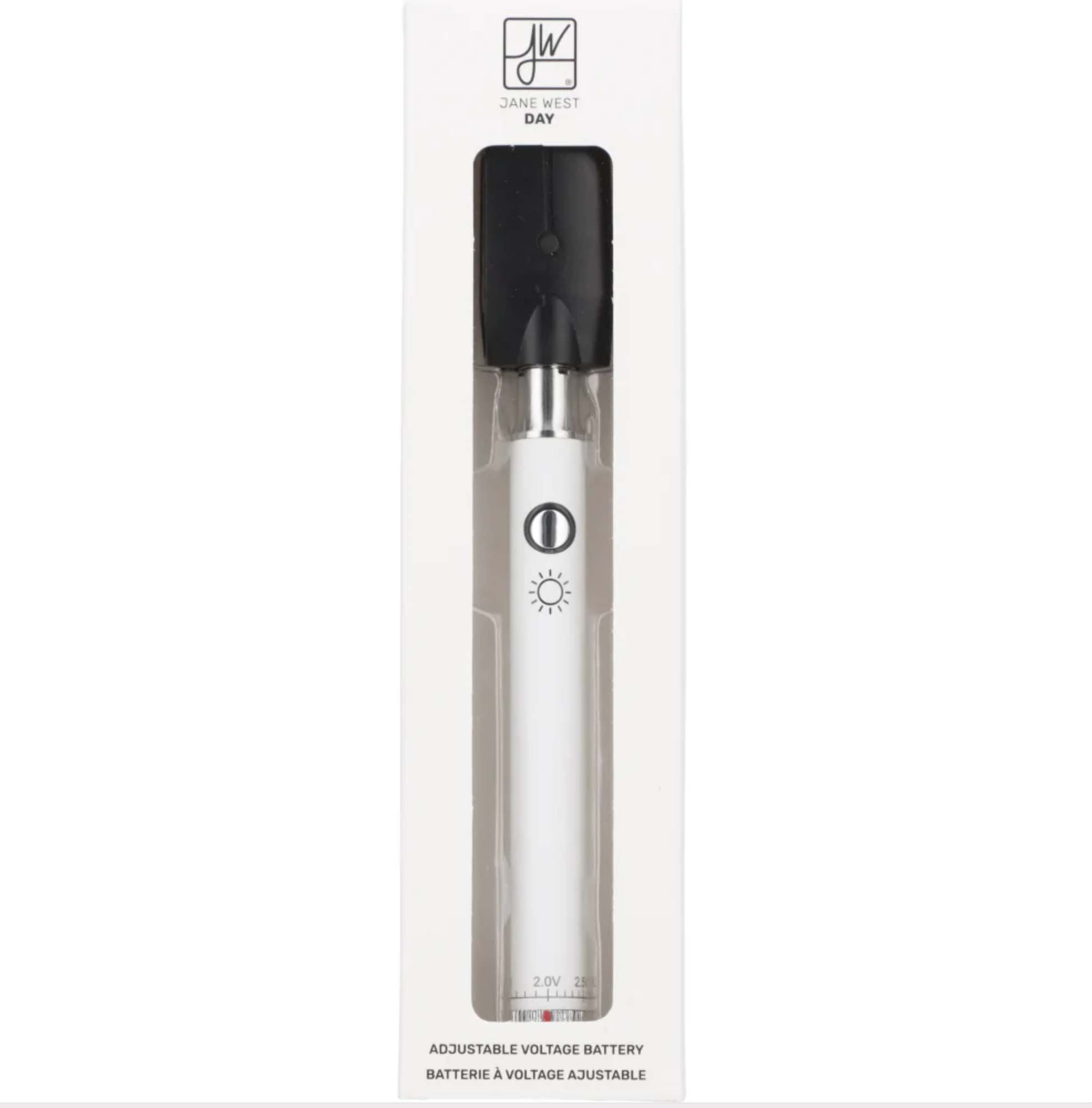 Sleek, silver Jane West adjustable voltage battery for cannabis vape cartridges.