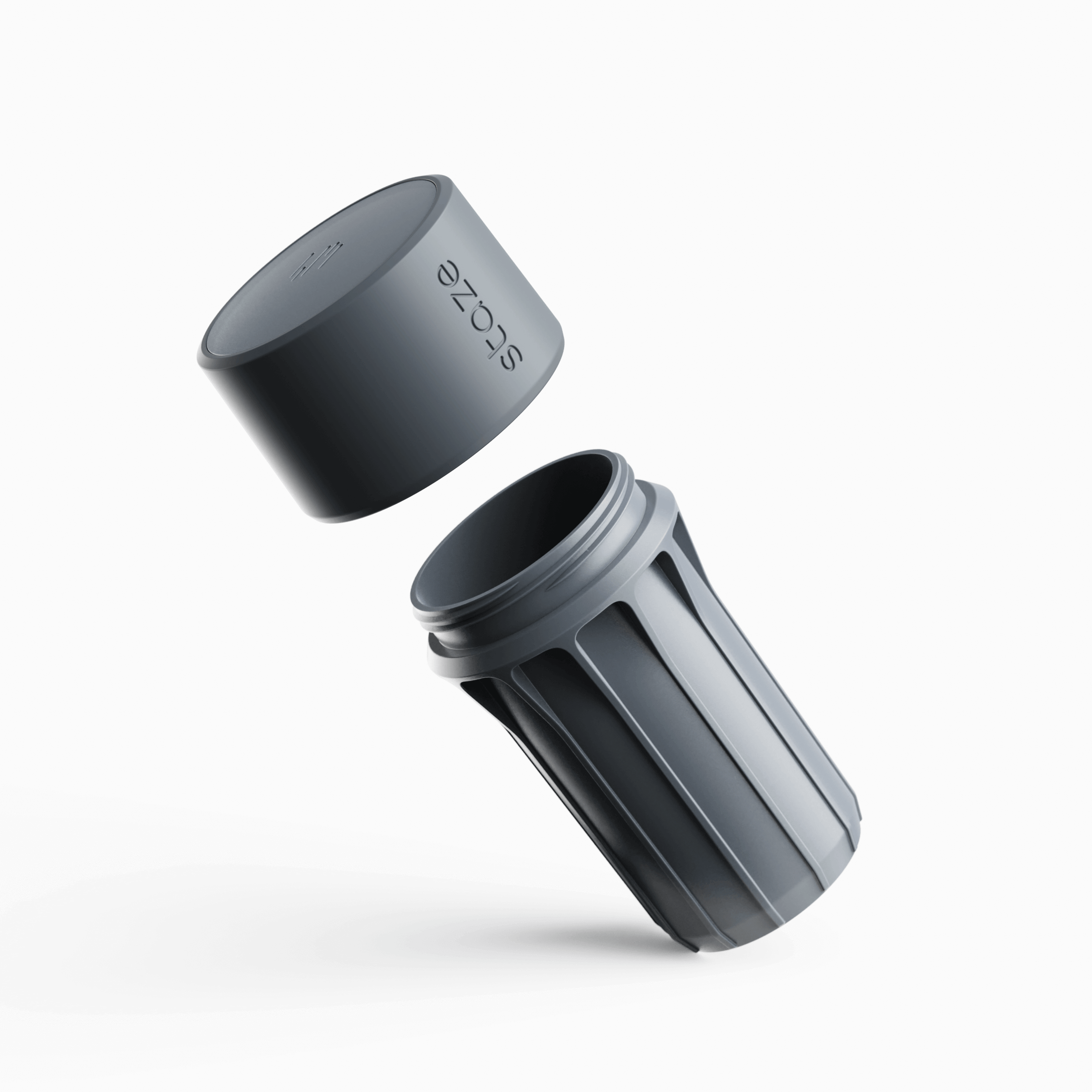 Angled close-up of the Cloud STAZE PRESERVE cap hovering above its threaded body, shown on a white background.