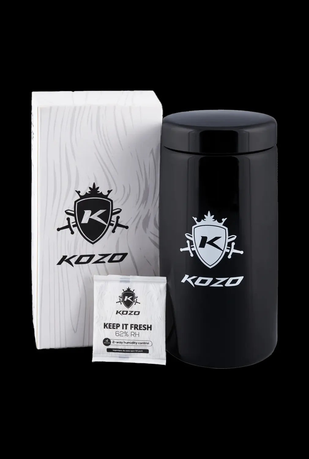 Front view of the Kozo Glass jars - 2 OZ, showcasing the jar’s black label with a white logo on a simple black background.