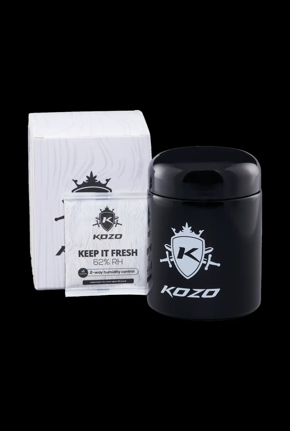 Front view of the Kozo Glass jars - 1/2 OZ with a black label and silver logo, angled slightly on a dark surface.