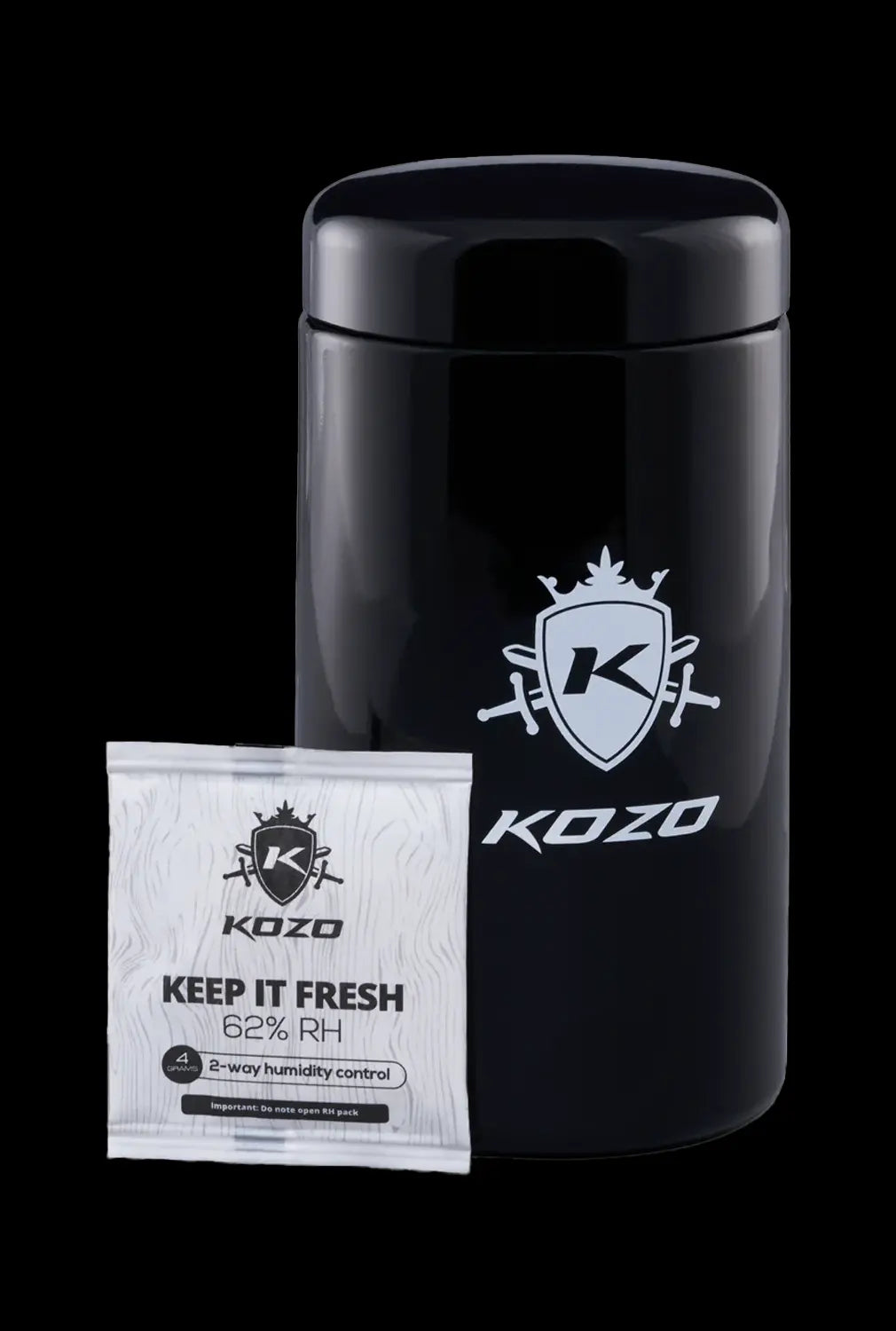 Front view of the Kozo Glass jars - 1 OZ, with a sleek black label centered on the clear glass container.
