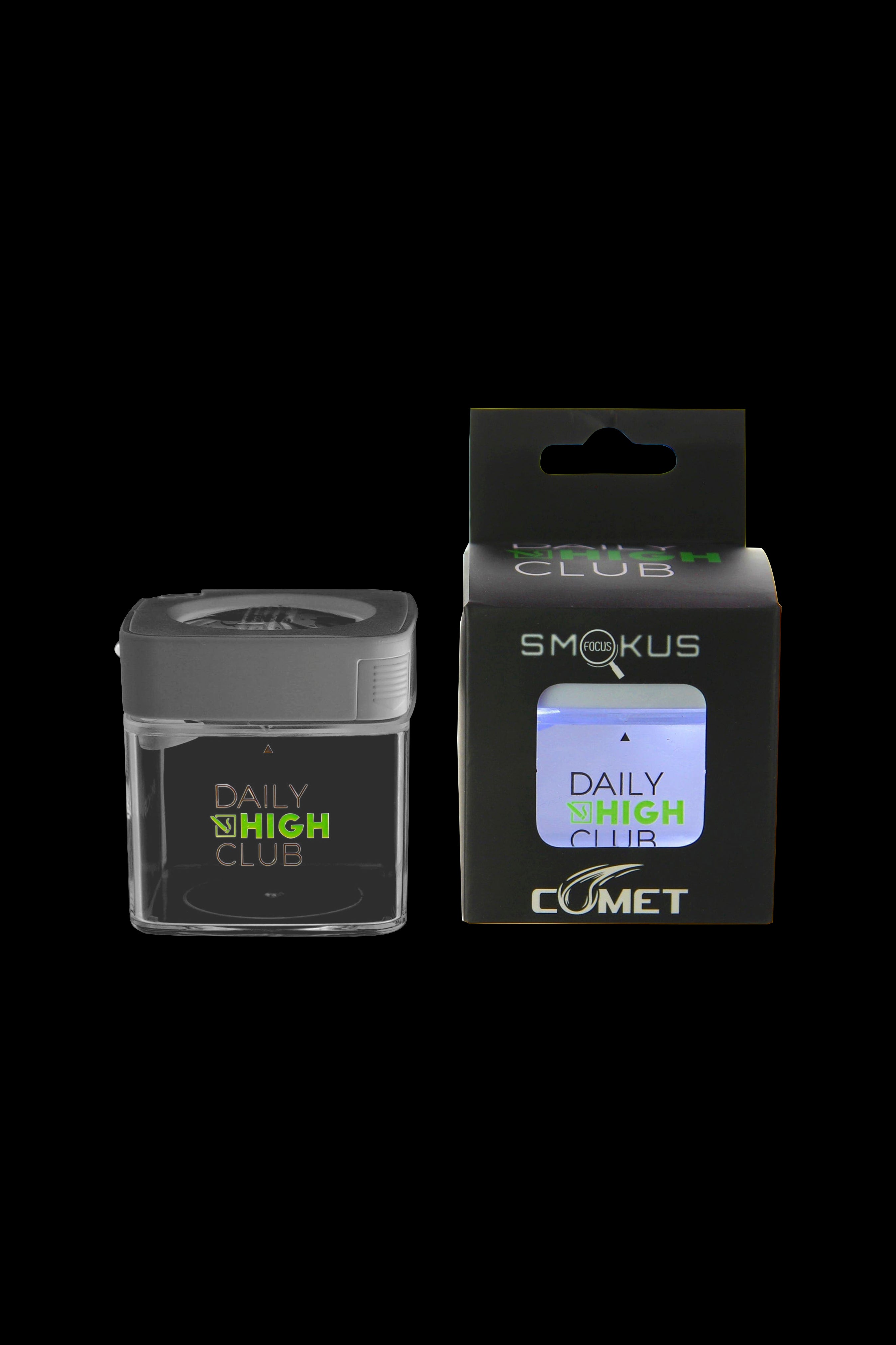 Two cannabis concentrate containers, one clear and one black, branded with “Daily High Club” and “Comet” logos, against a black background.