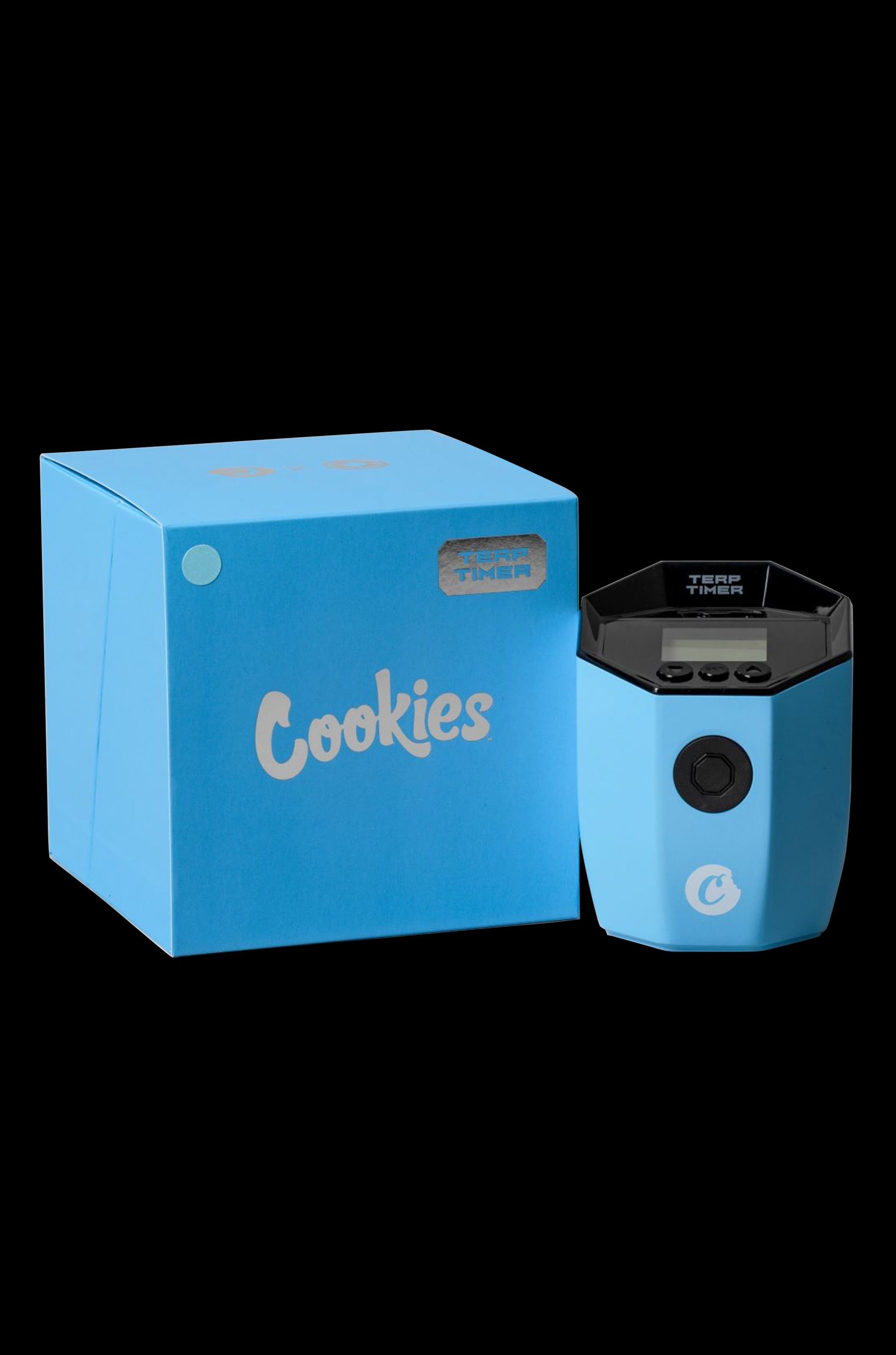 Blue “Cookies” branded packaging and electronic terpene timer device.