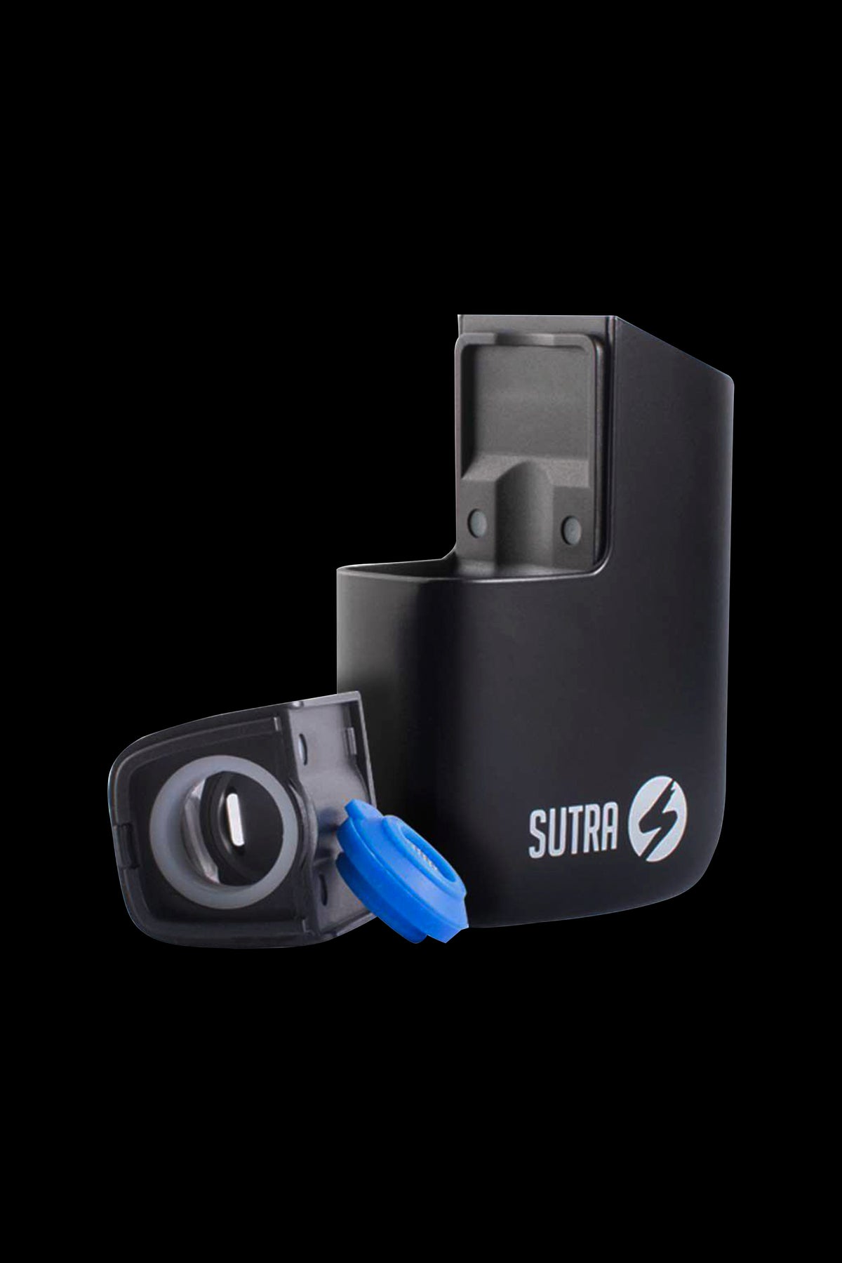 Black Sutra cannabis oil vape pen with open cartridge revealing blue applicator.