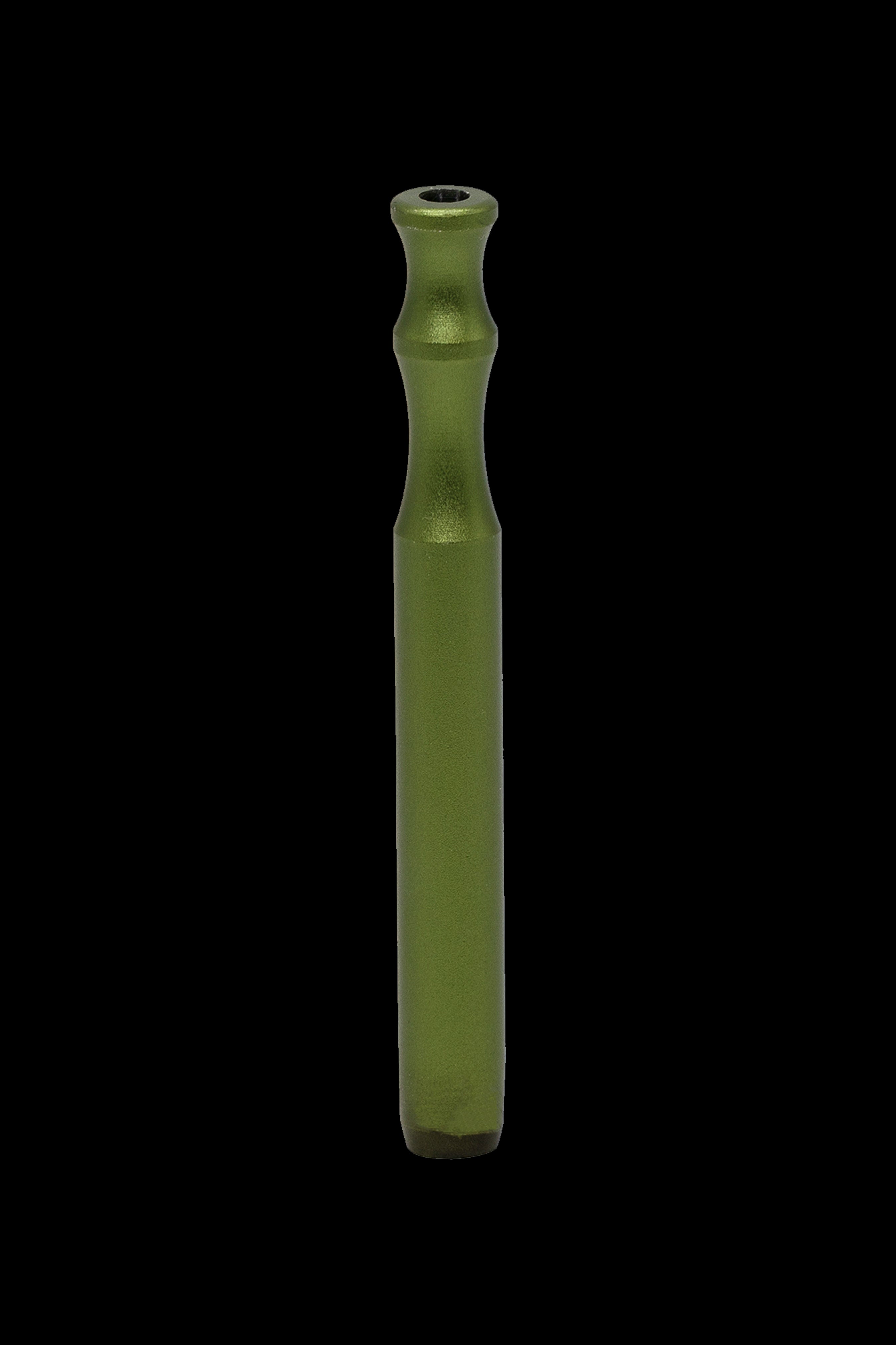 Olive green metal one-hitter pipe against a black background.