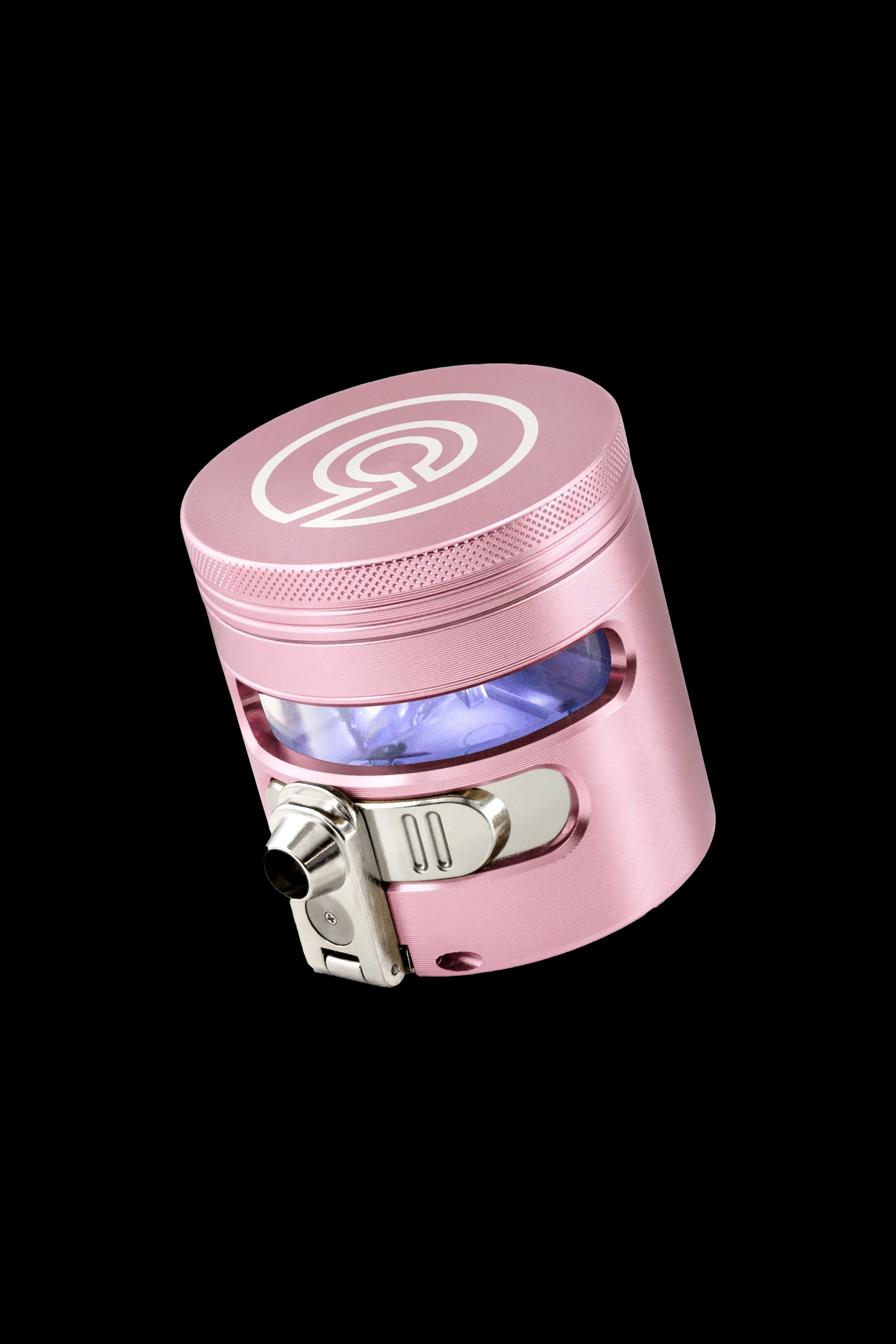 Pink metal cannabis grinder with a clear chamber, isolated on a black background.