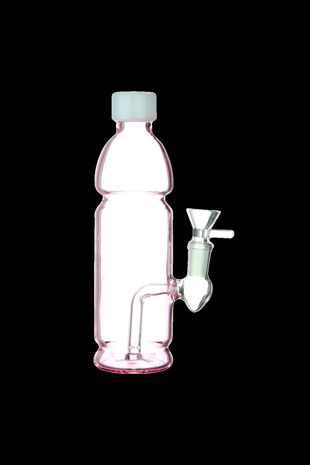 Pink glass water pipe shaped like a bottle with a removable bowl.