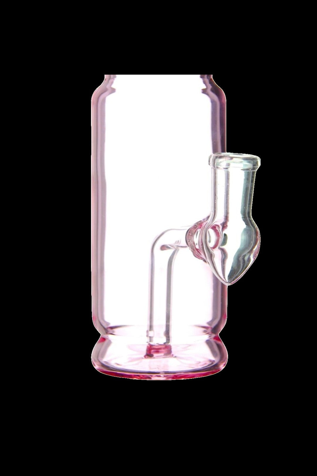 Pink glass bubbler water pipe for cannabis use.