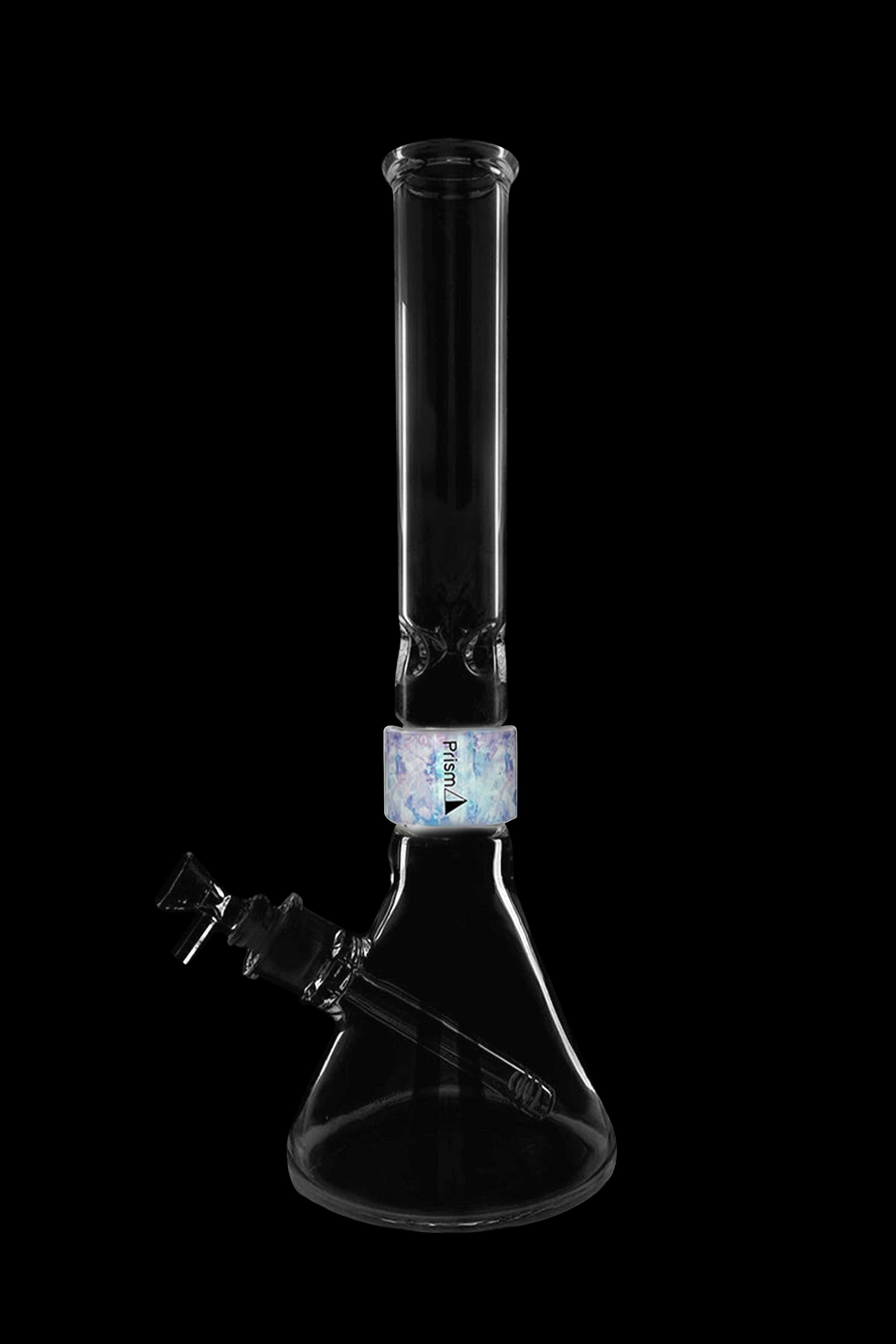 Clear glass bong with a blue and white patterned center section and a glass bowl.
