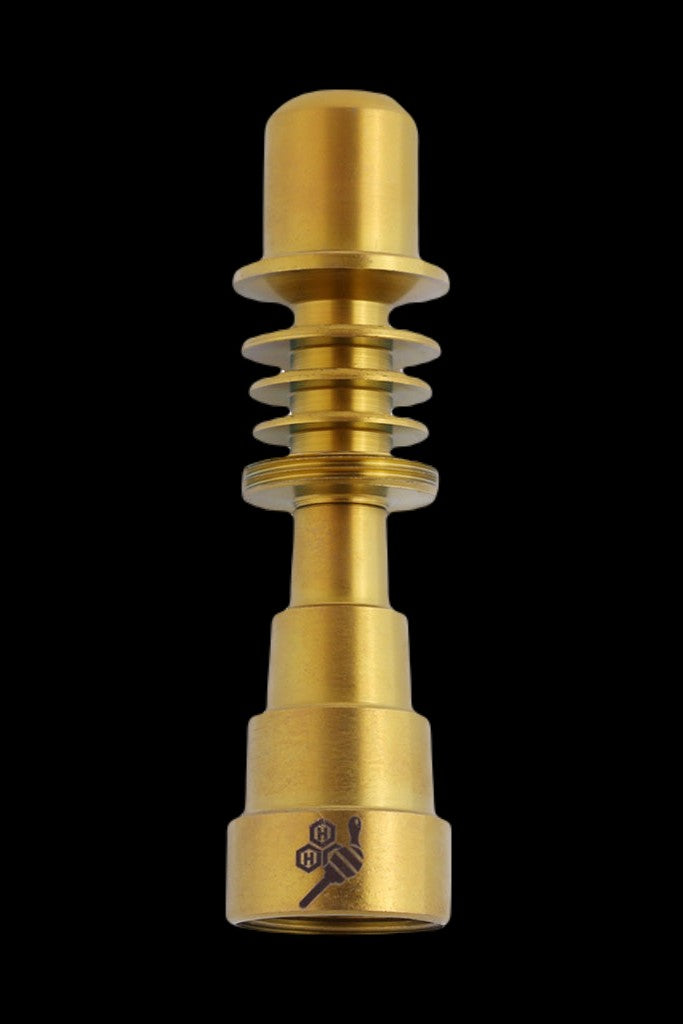 Gold titanium cannabis oil burner with etched logo.