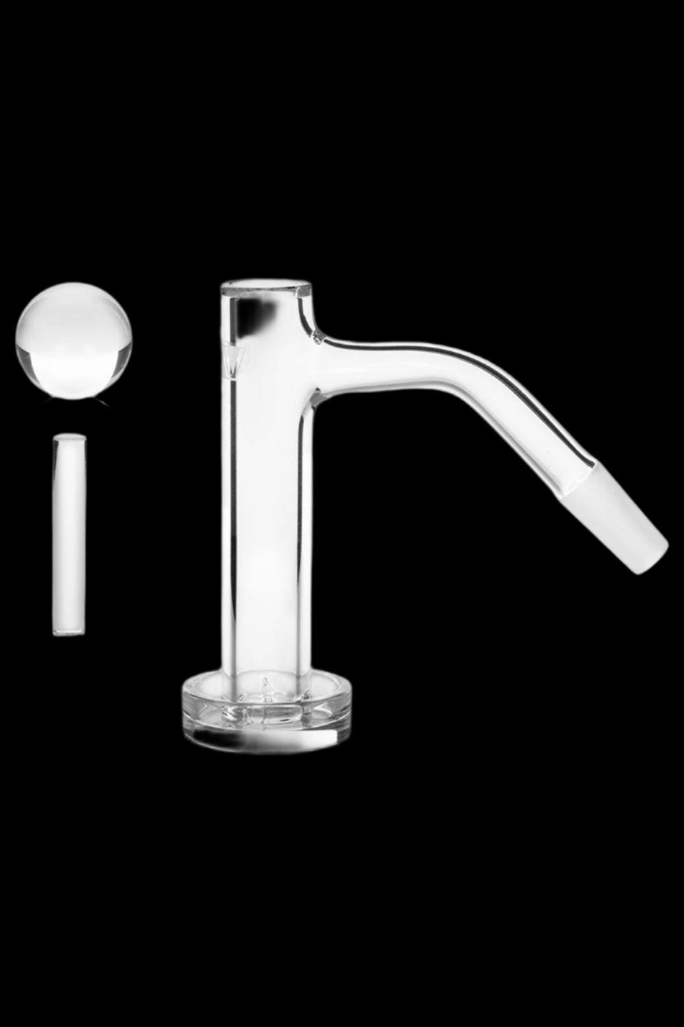 Clear quartz dab rig with accompanying carb cap, isolated on a black background.