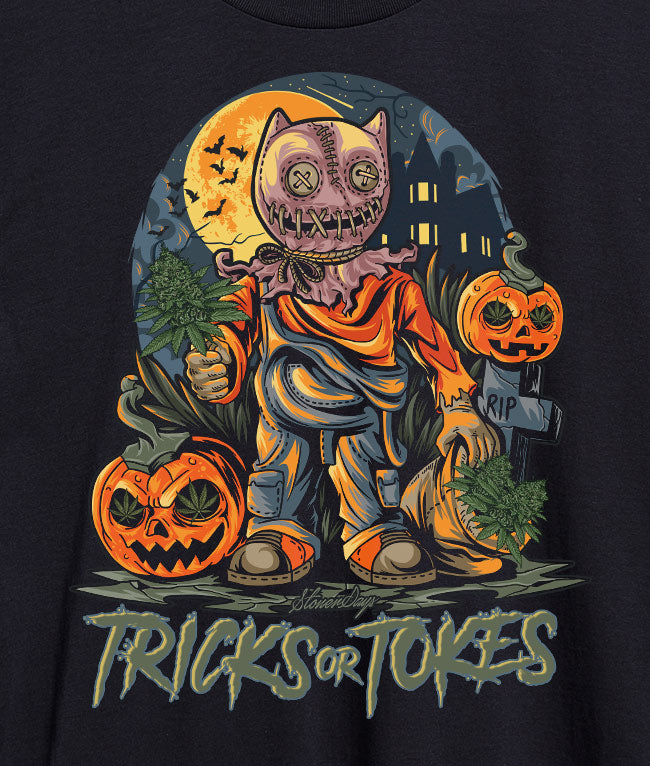 Halloween-themed illustration of a stitched-together pumpkin-headed monster surrounded by jack-o'-lanterns filled with cannabis leaves, with the text "TRICKS OR TOKES" below.