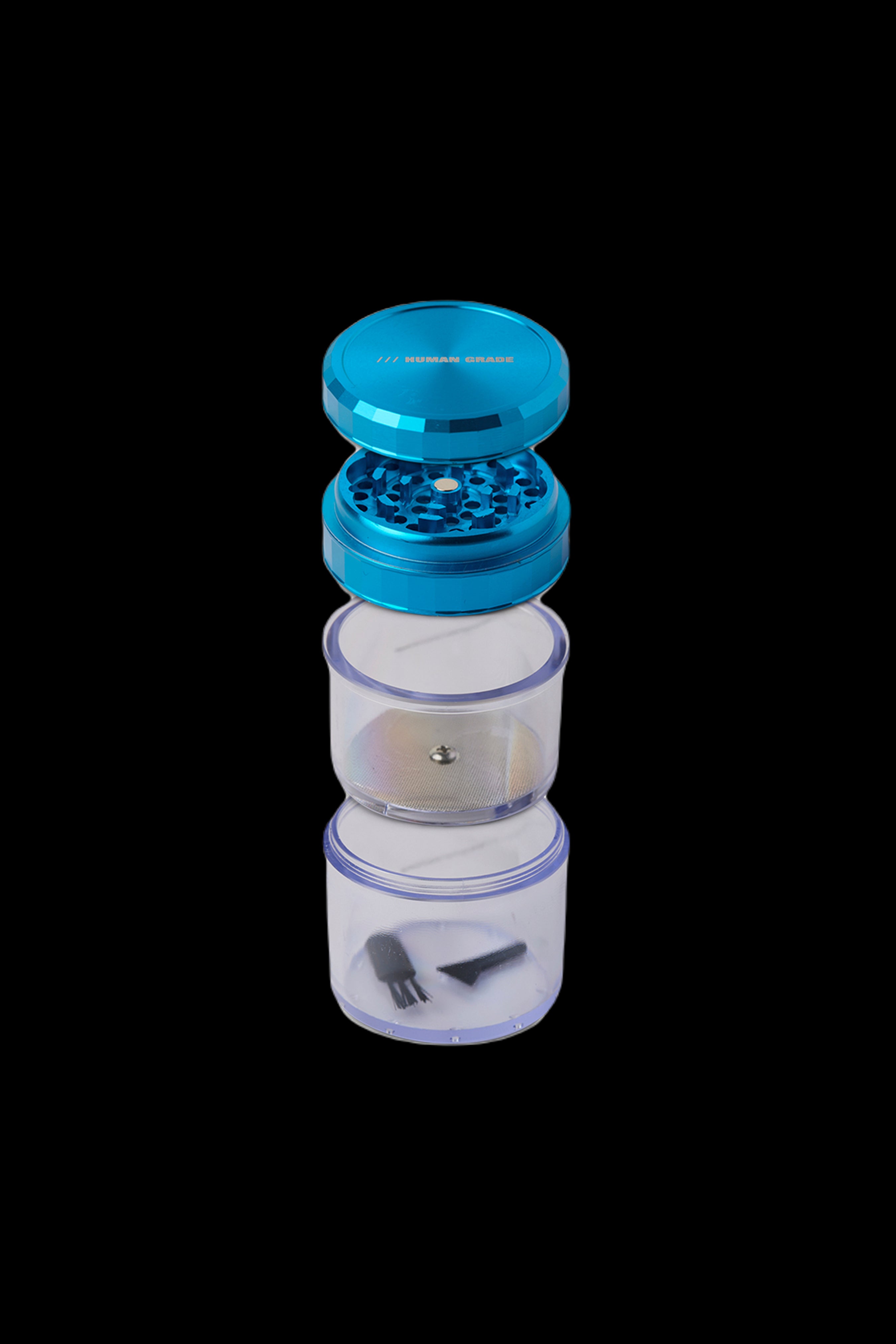 Blue cannabis grinder with transparent collection chambers stacked vertically on a black background.