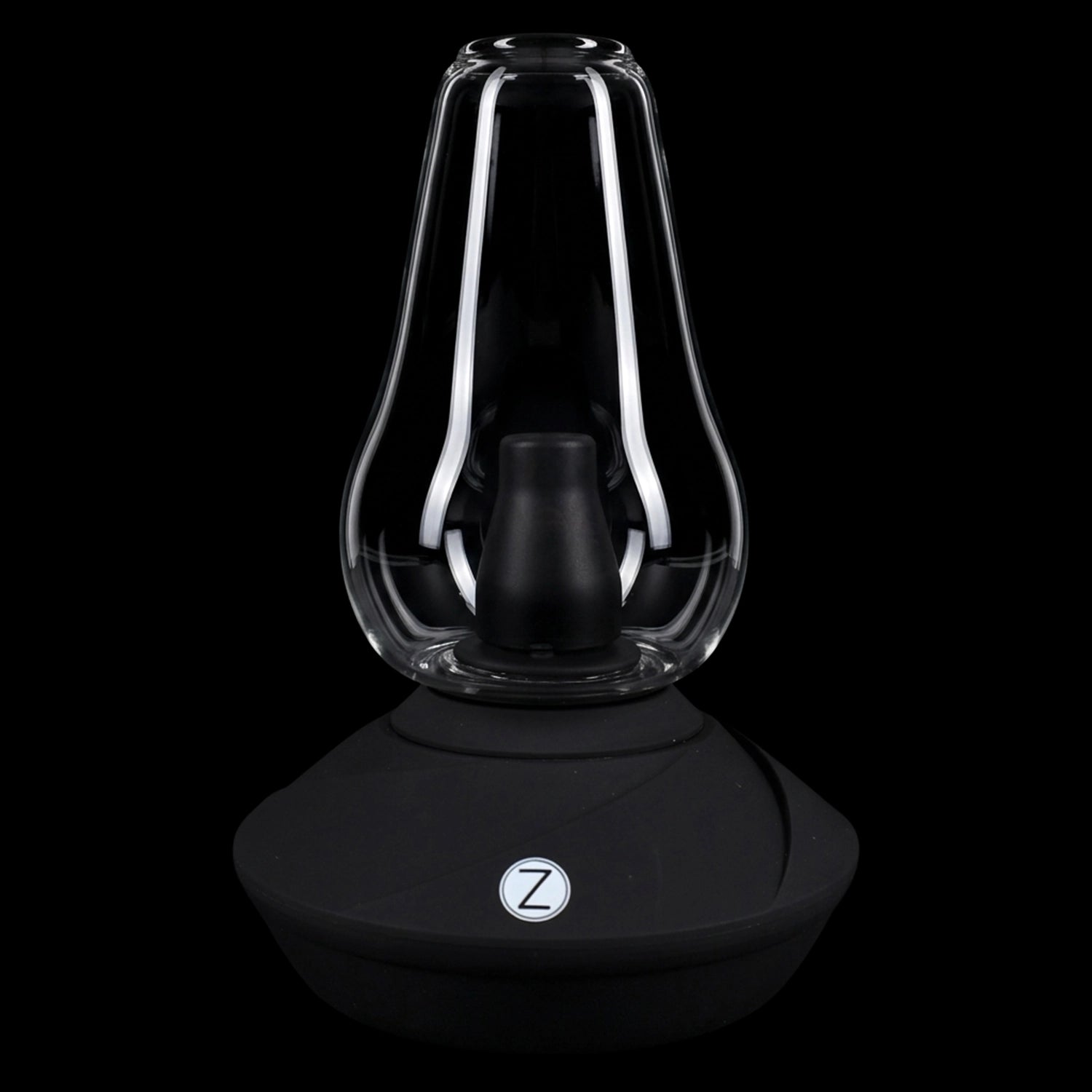 Centered front view of the Zenco Uno Desktop Vaporizer showing its clear glass chamber and matte black base against black.