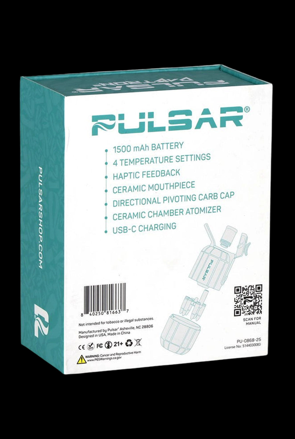 Three-quarter view of the white and teal box for the Pulsar Dabtron 2.0 Electric Dab Rig | 1500mAh showing product features text, a small exploded diagram and a barcode on a black background