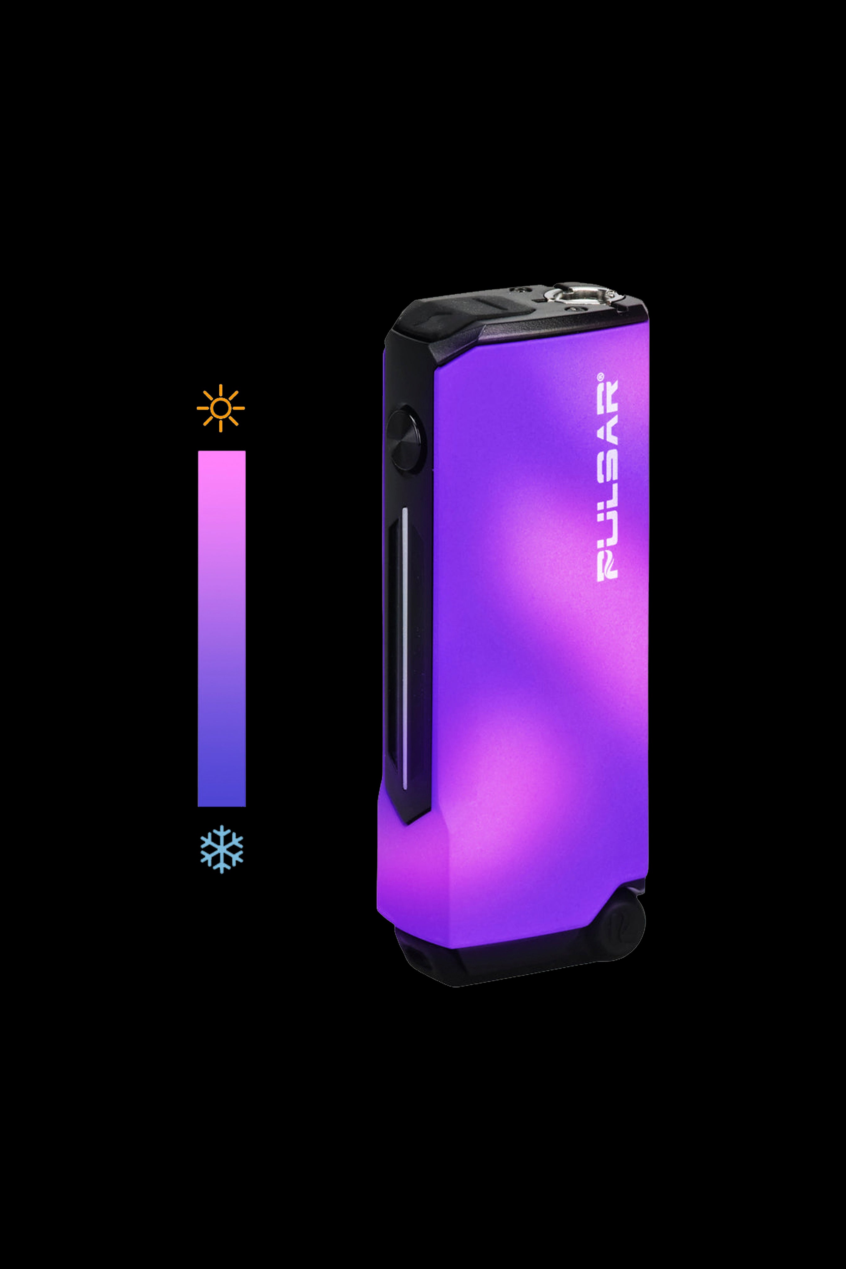 Pulsar vaporizer battery with a temperature gradient scale from warm to cool on the left.