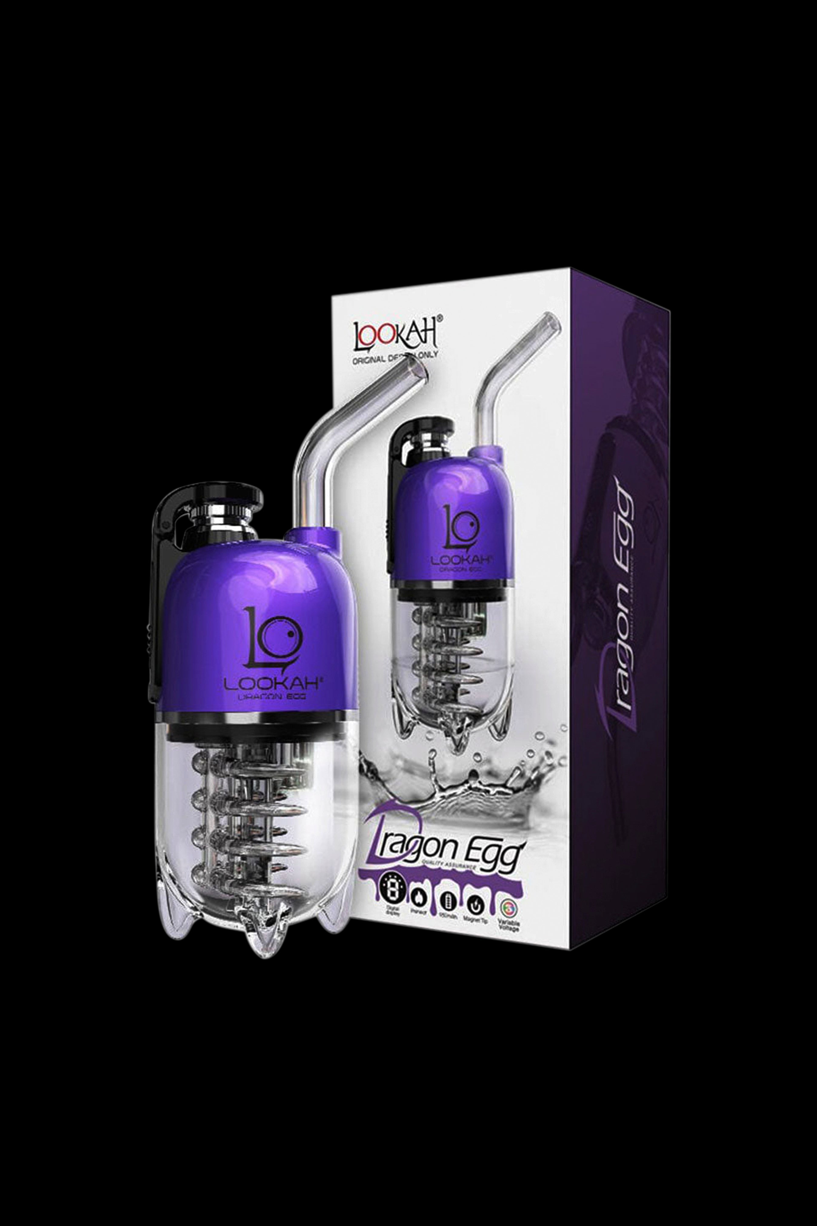 Product shot of a LOOKAH Dragon Egg water pipe in its retail packaging.
