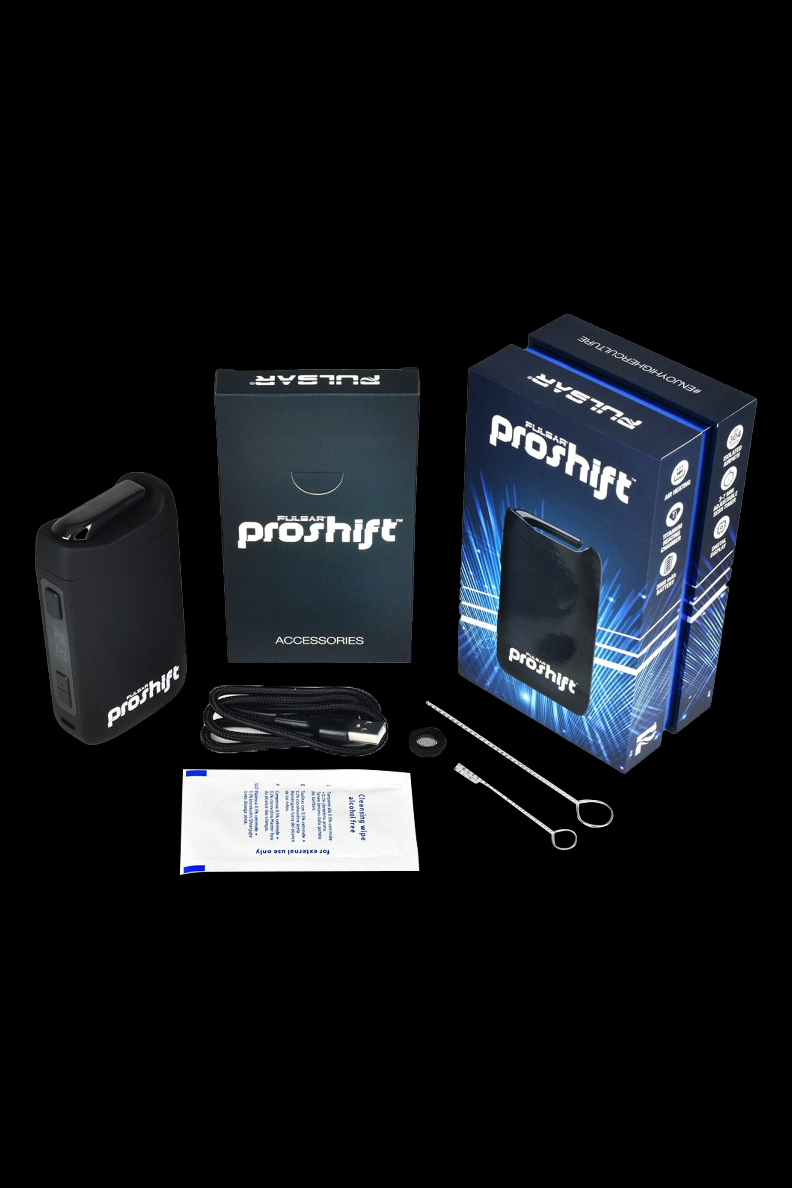 Pulsar proshift cannabis vaporizer kit with box, accessories, and cleaning tools displayed on a black background.
