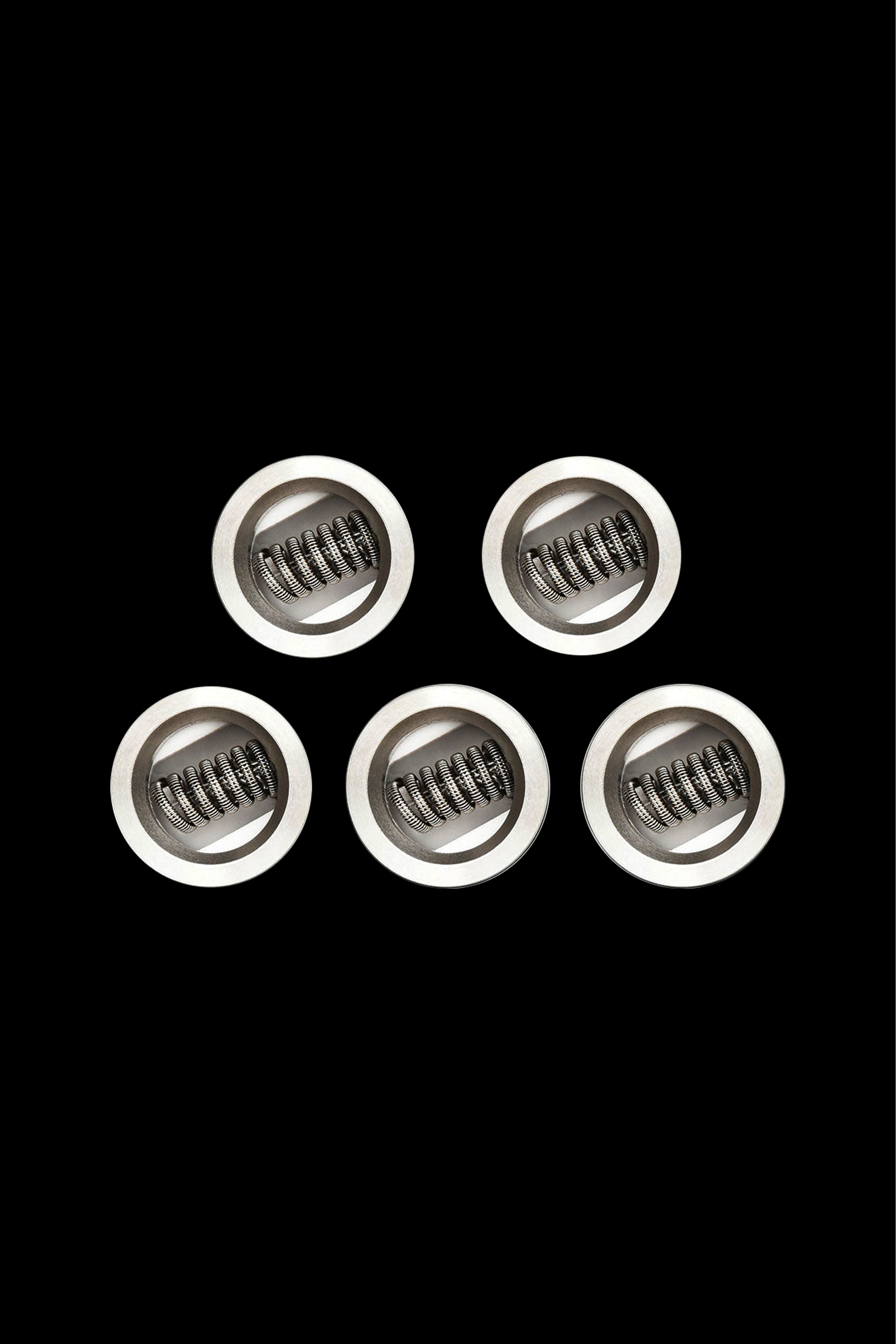 Five titanium cannabis coil heating elements against a black background.