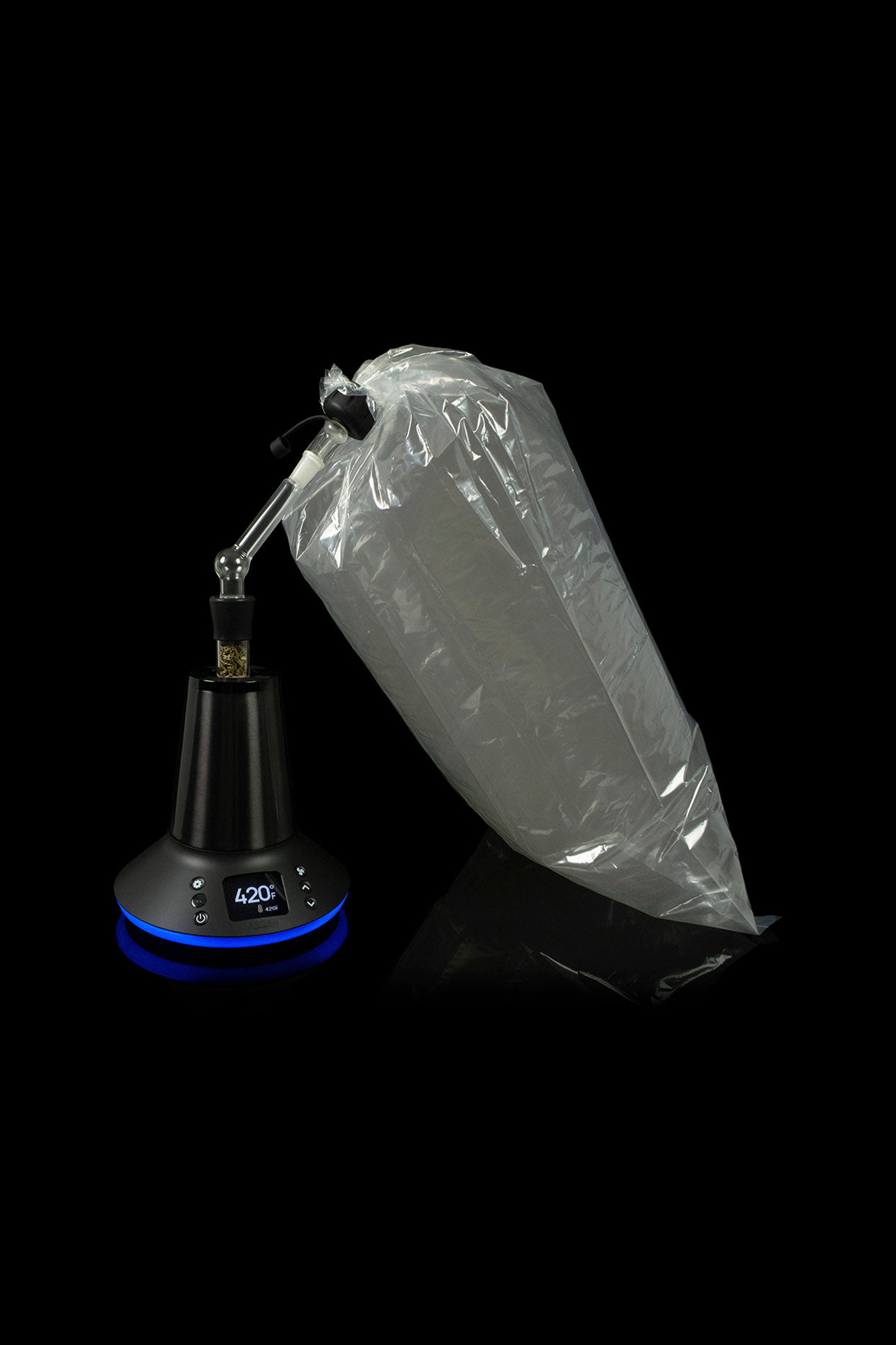 A black cannabis vaporizer with a translucent, inflated vapor bag attached, displayed against a dark background.
