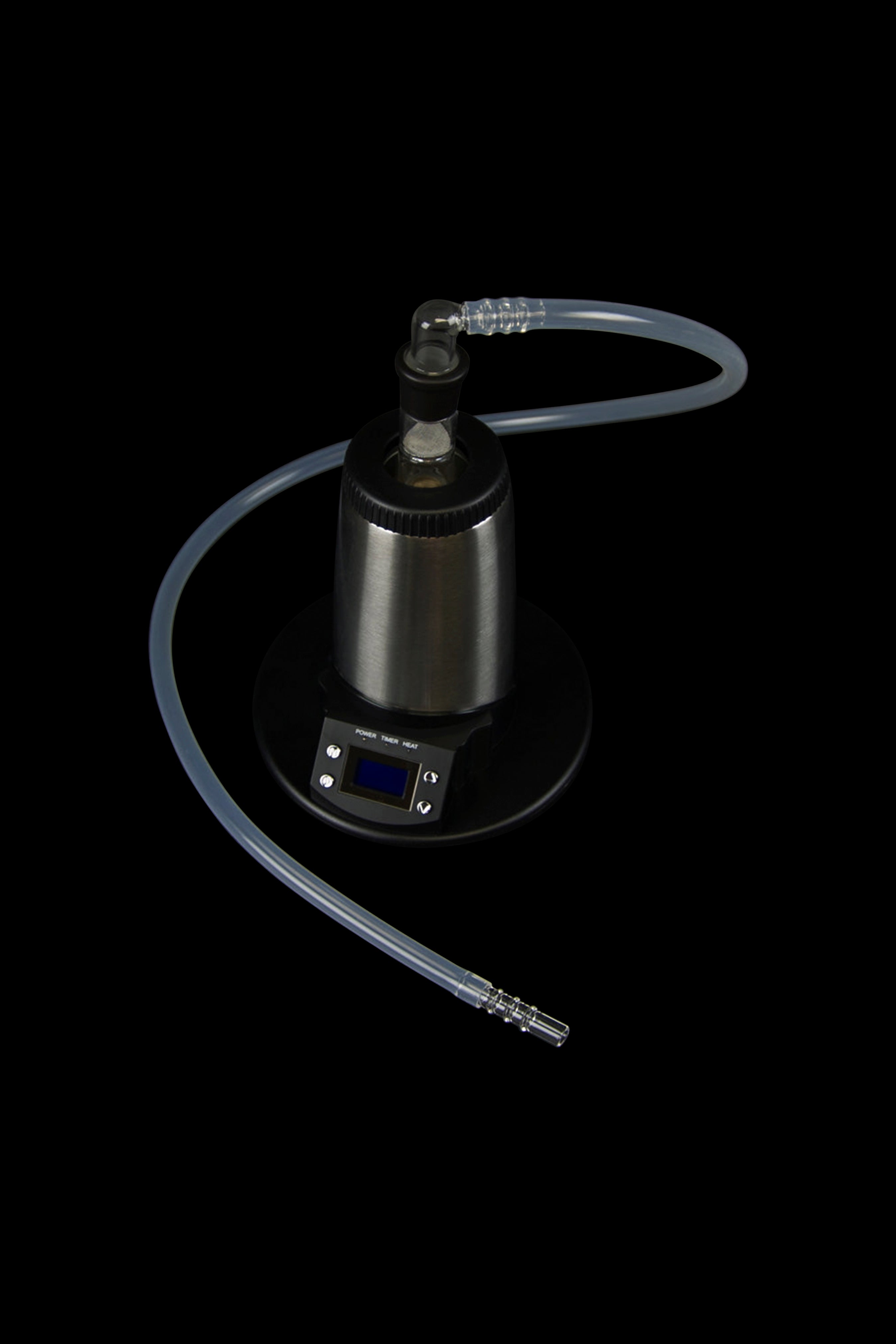 Desktop cannabis vaporizer with a glass mouthpiece and tubing, displayed on a black surface.