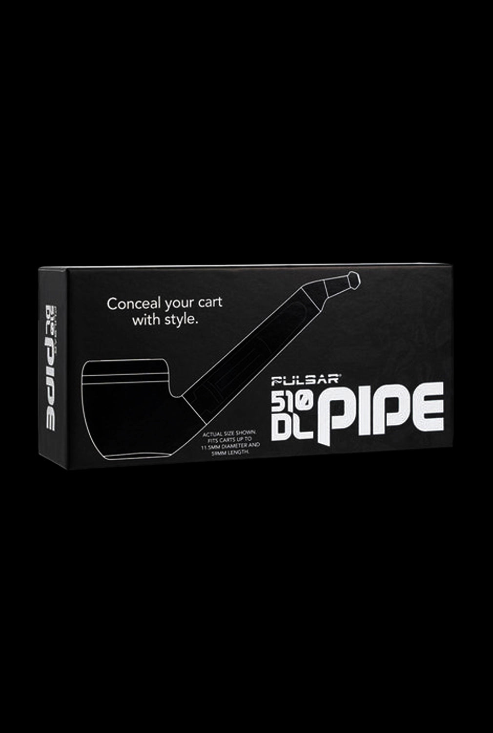 Angled front view of the black box packaging for the Pulsar 510 DL Pipe cartridge vaporizer showing white line art of the pipe and the slogan "Conceal your cart with style."