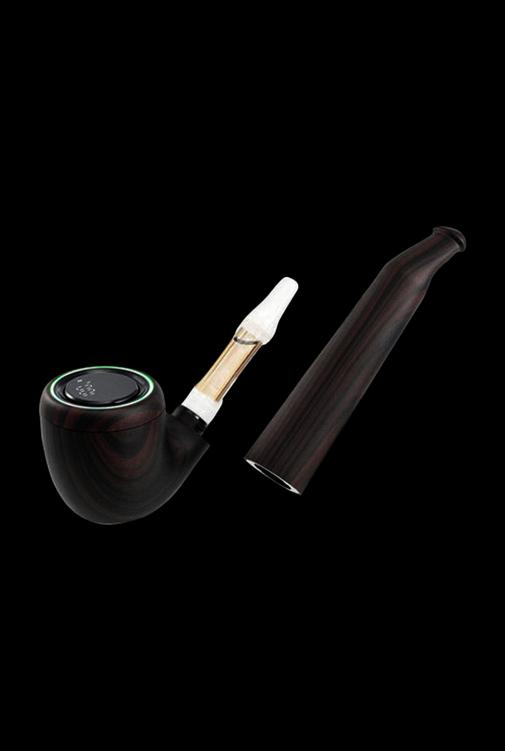 Angled close-up of the Pulsar 510 DL Pipe Cartridge Vaporizer showing the dark wood-grain bowl and separated stem against a black background.